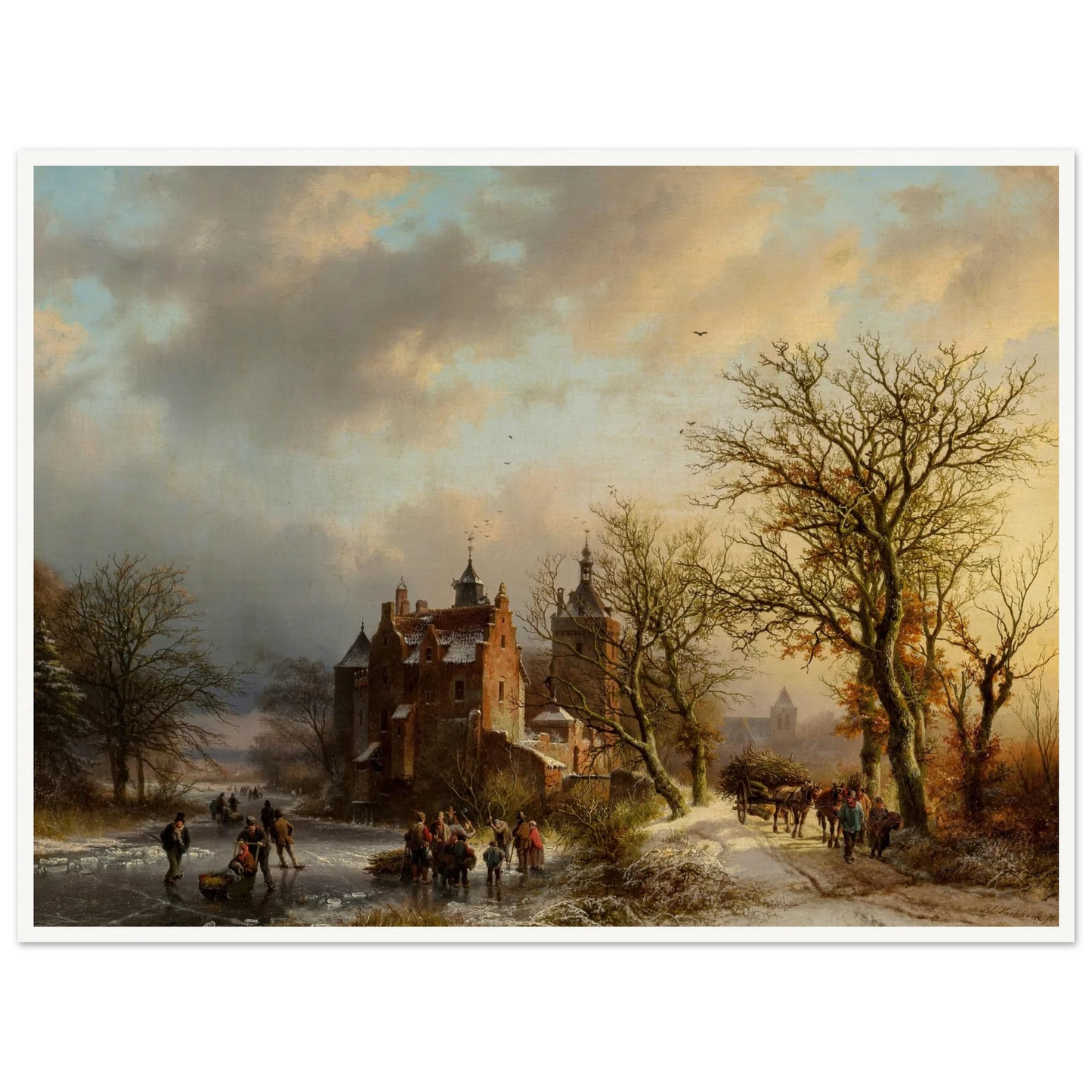 Winter landscape with wood gatherers and skaters (1854) Art Print | Barend Cornelis Koekkoek-Quipham Collections