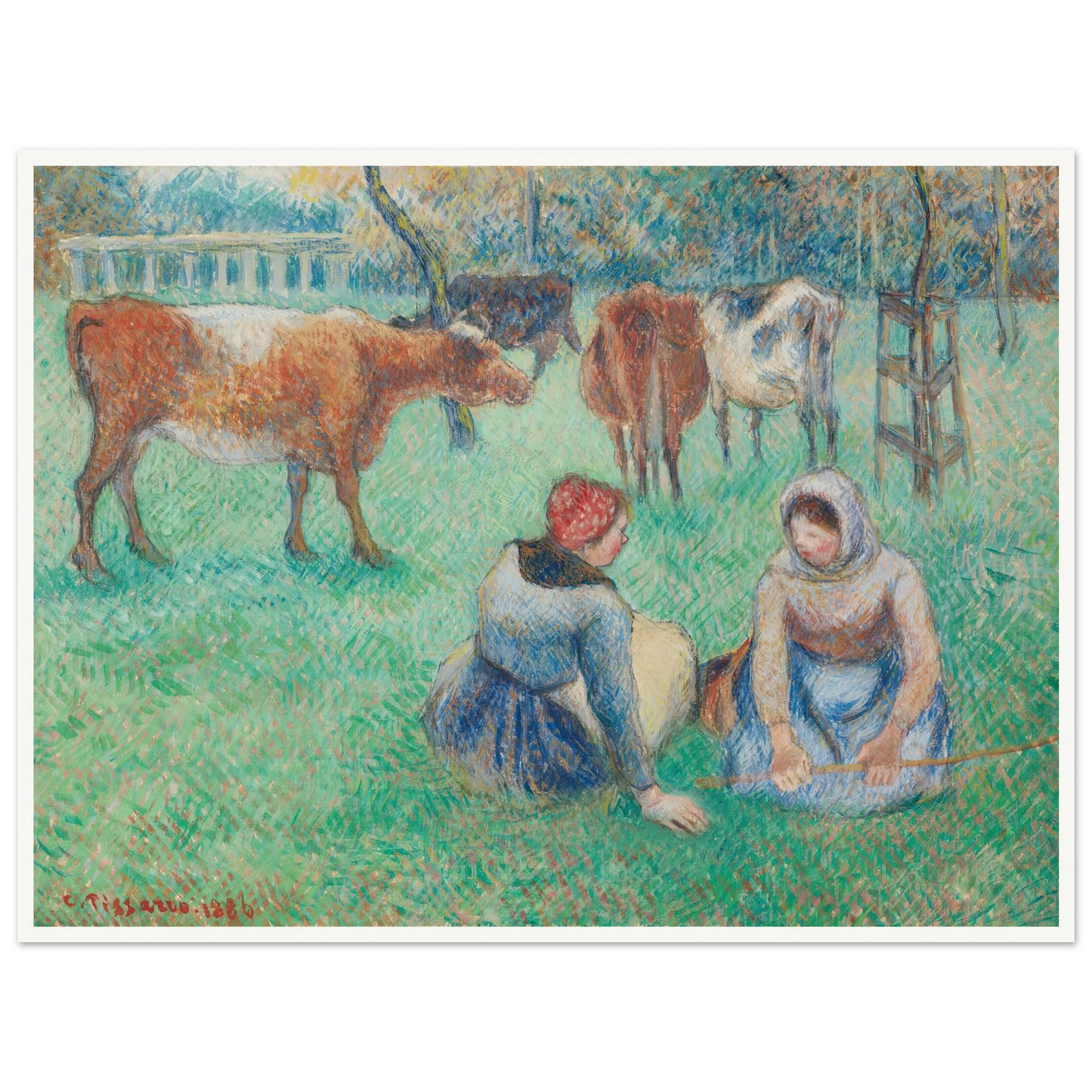 Paysannes assises gardant des vaches (1886) Art Print | Camille Pissarro-Quipham Collections