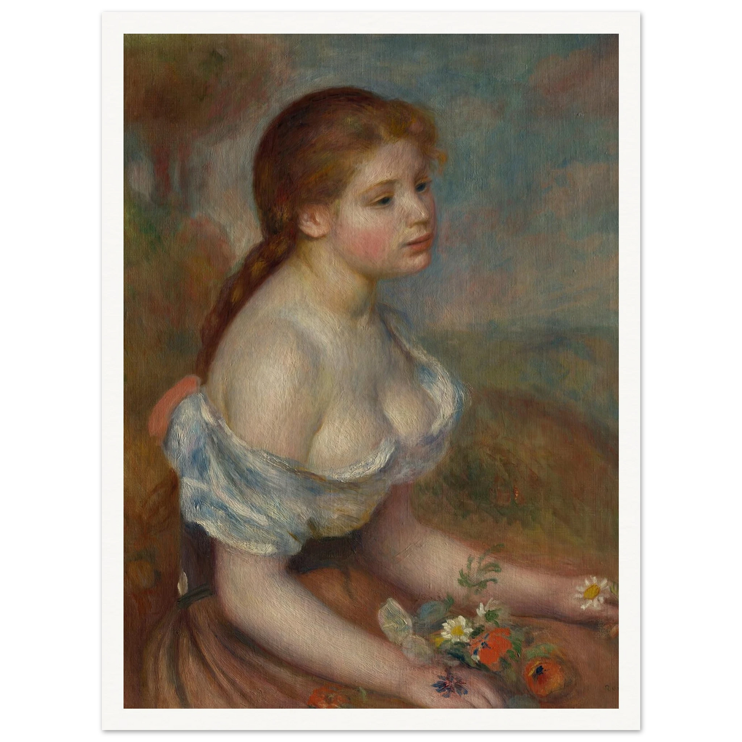A Young Girl with Daisies (1889) Art Print | Pierre Auguste Renoir-Quipham Collections