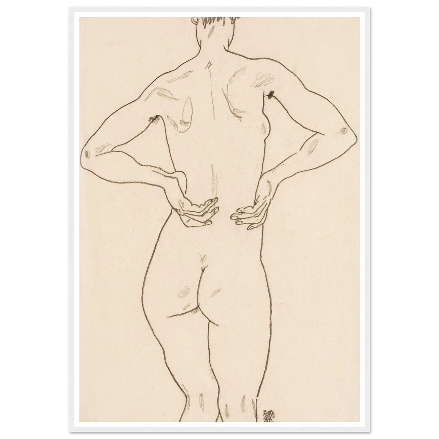 Weiblicher Rückenakt, die Hände auf der Hüfte Art Print | Egon Schiele-Quipham Collections
