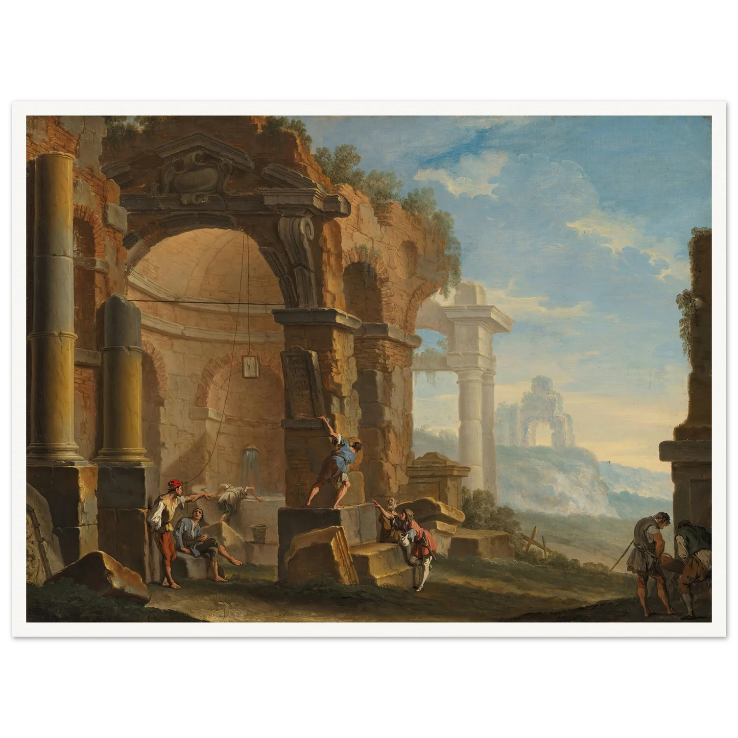 A capriccio with figures conversing by classical ruins Art Print | Sebastiano Ricci-Quipham Collections