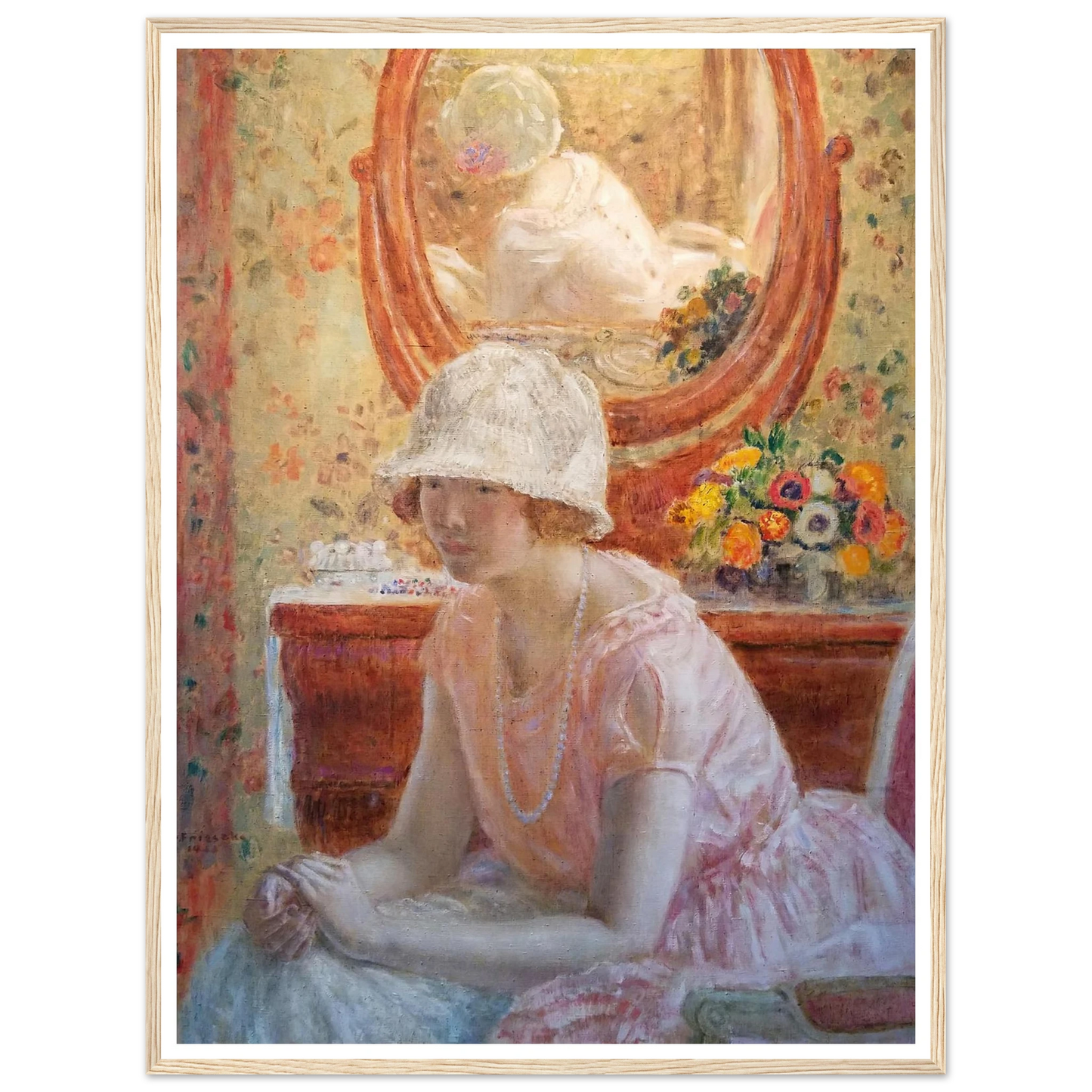 Young Girl Before a Mirror in a Pink Dress (1923) Art Print | Frederick Carl Frieseke-Quipham Collections