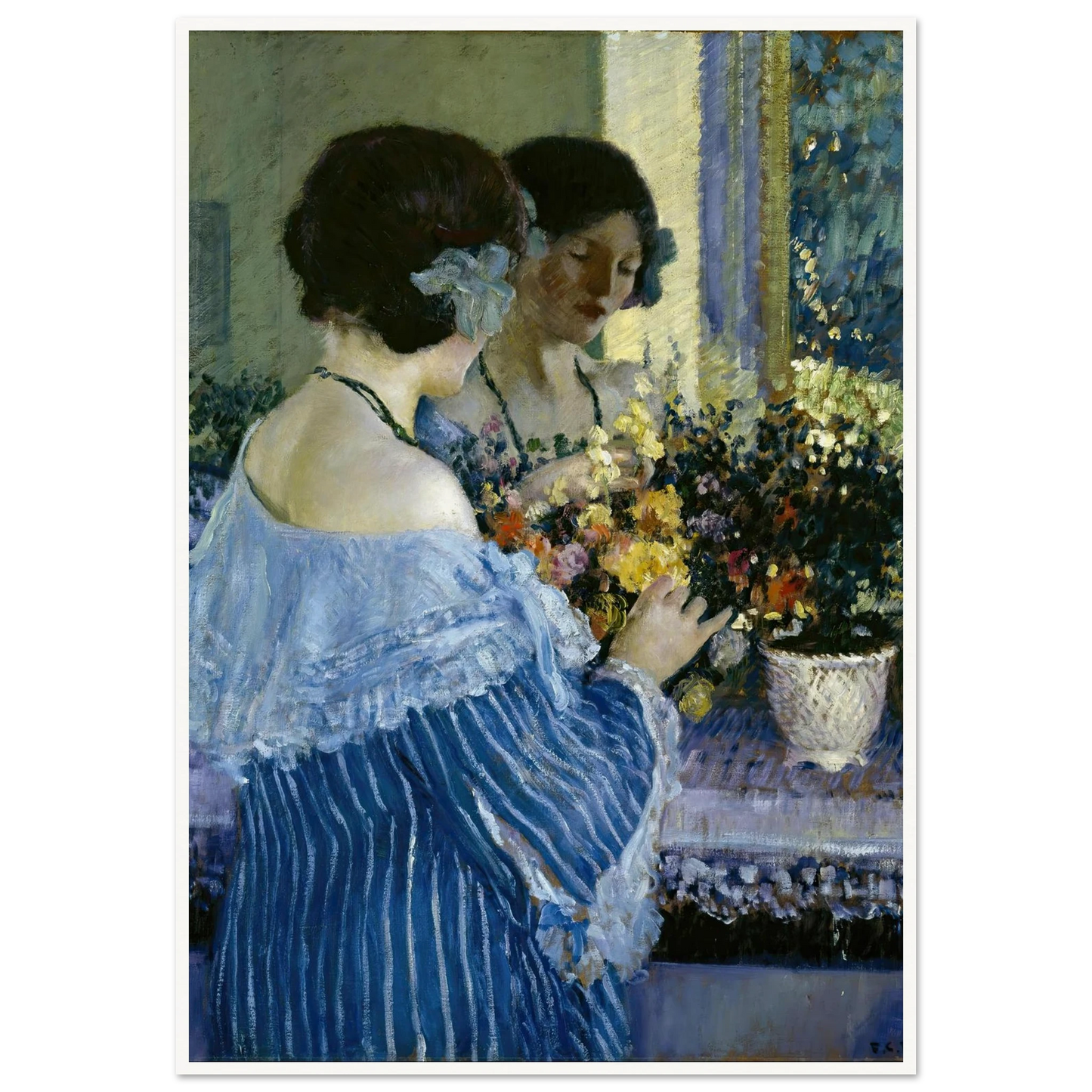 Girl in Blue Arranging Flowers (1915) Art Print | Frederick Carl Frieseke-Quipham Collections