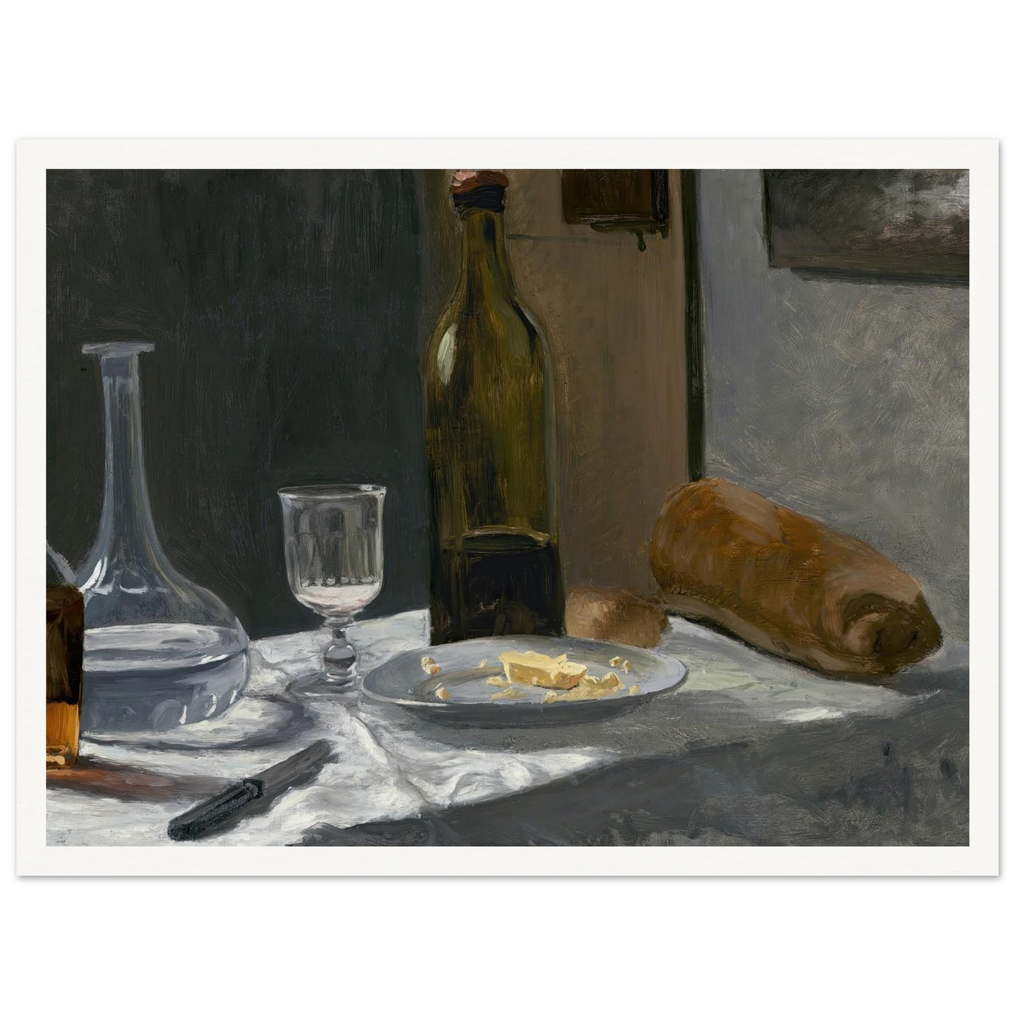 Still Life with Bottle,Carafe Bread and Wine (c. 1862-1863) Art Print | Claude Monet-Quipham Collections