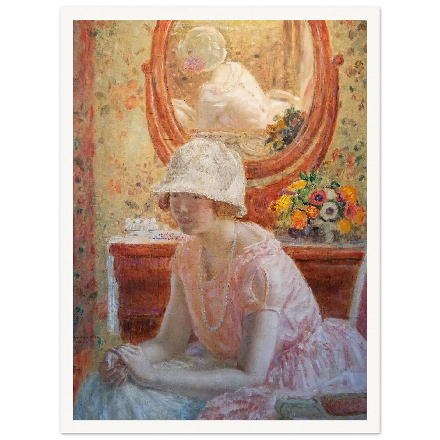 Young Girl Before a Mirror in a Pink Dress (1923) Art Print | Frederick Carl Frieseke-Quipham Collections
