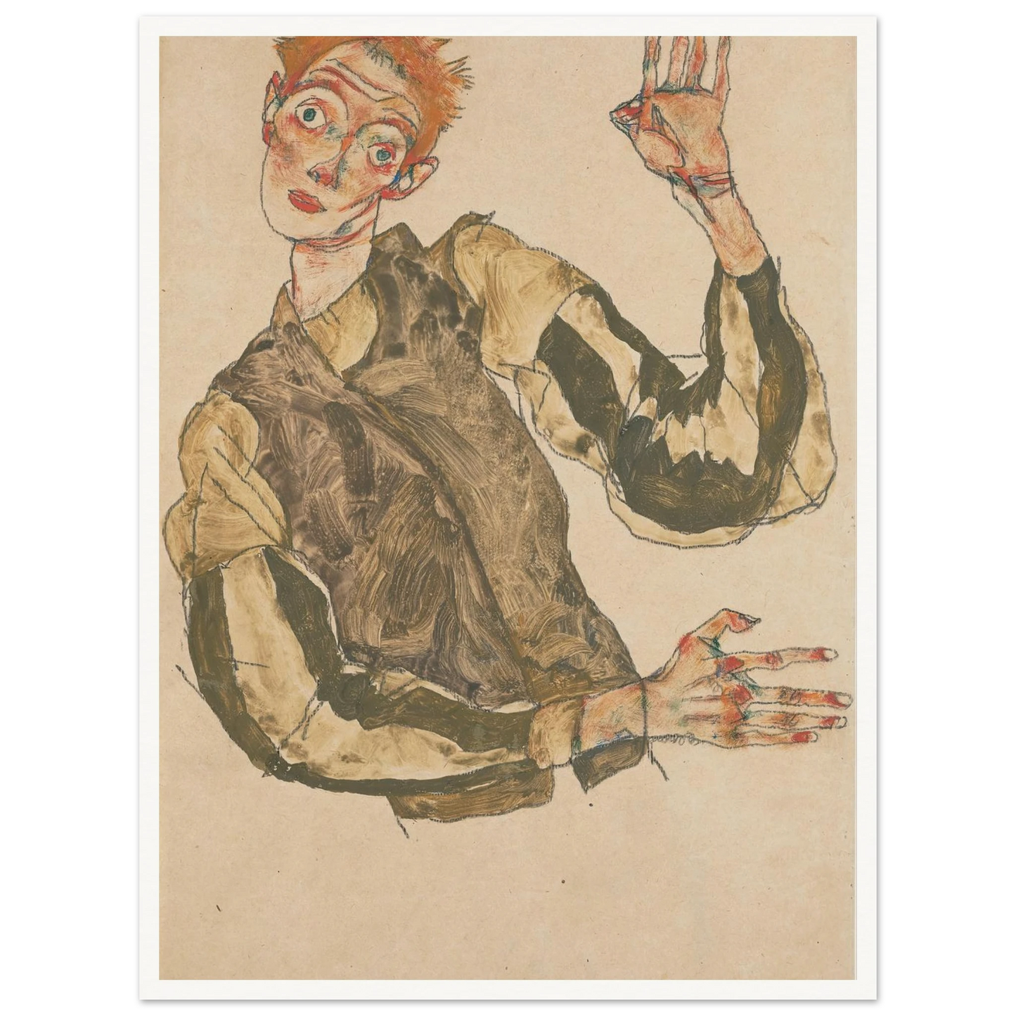 Self-Portrait with Striped Sleeves (1915) Art Print | Egon Schiele-Quipham Collections