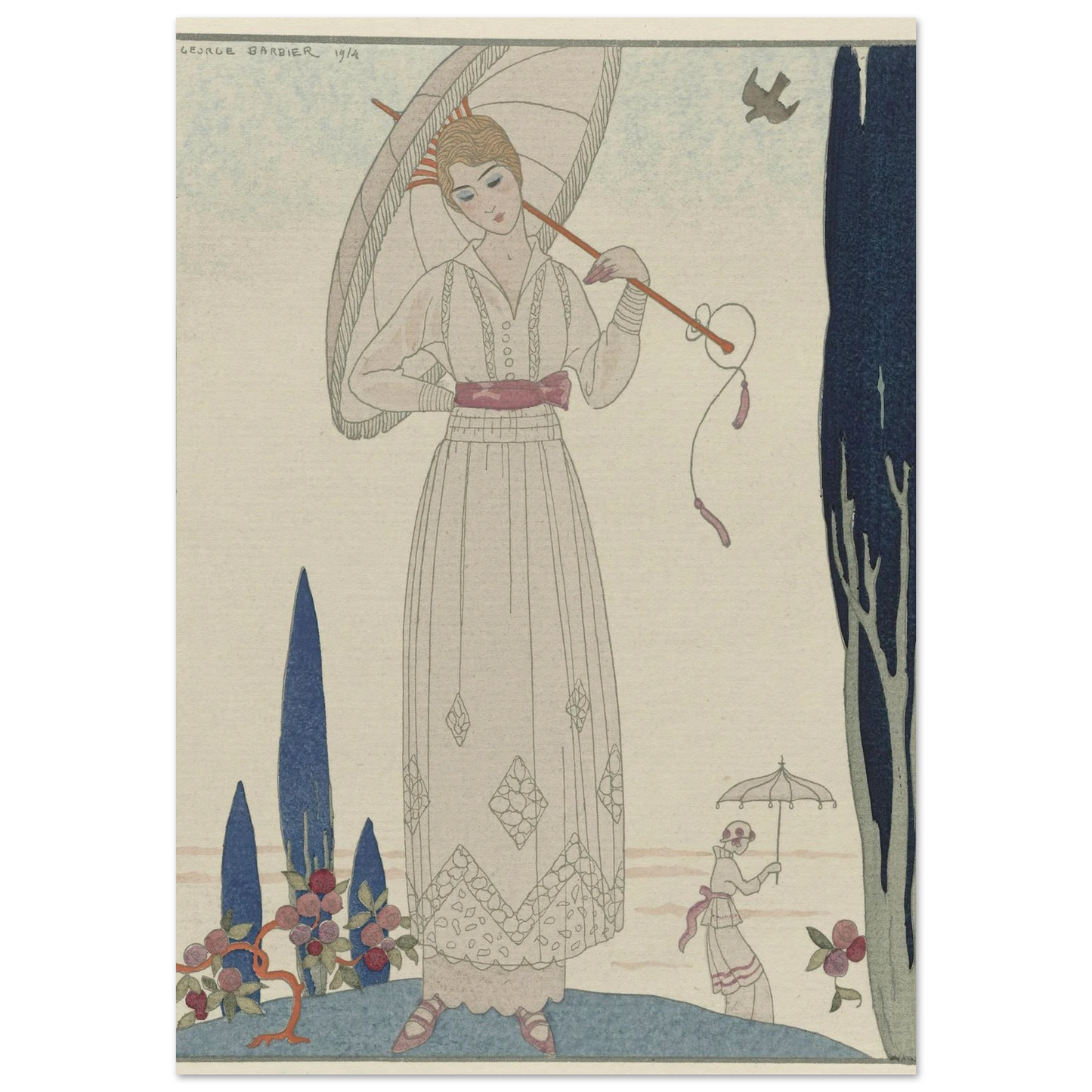 Le cyprès et la rose ; Robe d’été de Doeuillet (1914) Art Print | George Barbier-Quipham Collections