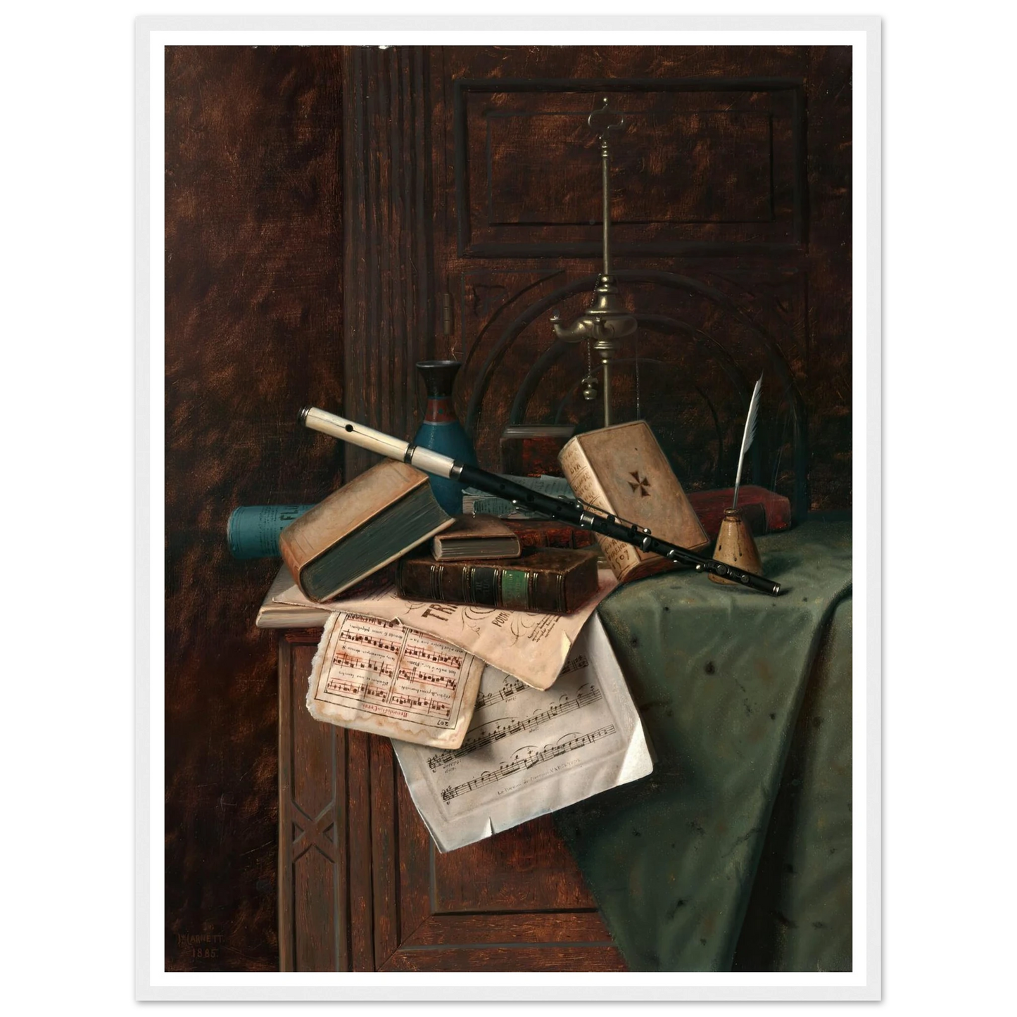 Still Life with Flute, Vase and Roman Lamp (1885) Art Print | William Michael Harnett-Quipham Collections