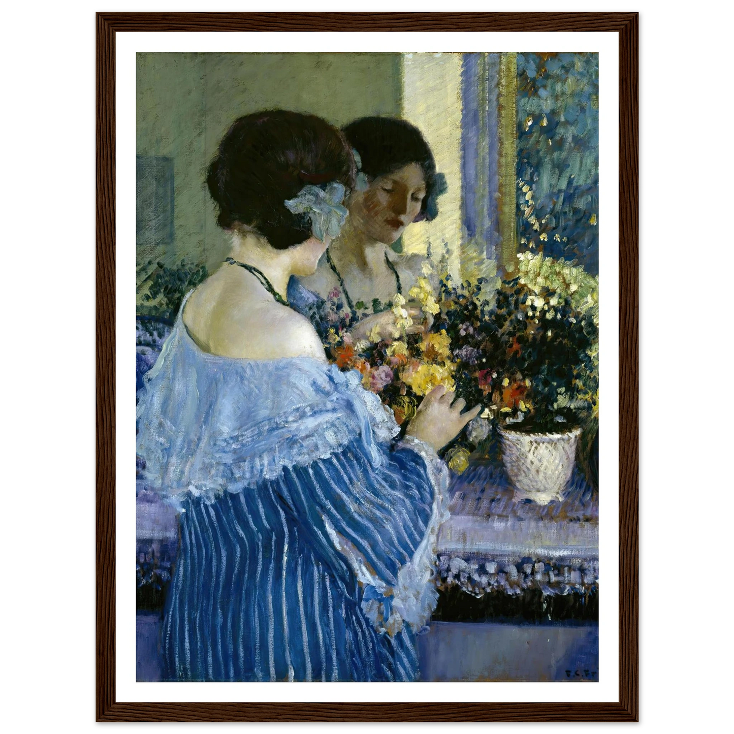 Girl in Blue Arranging Flowers (1915) Art Print | Frederick Carl Frieseke-Quipham Collections