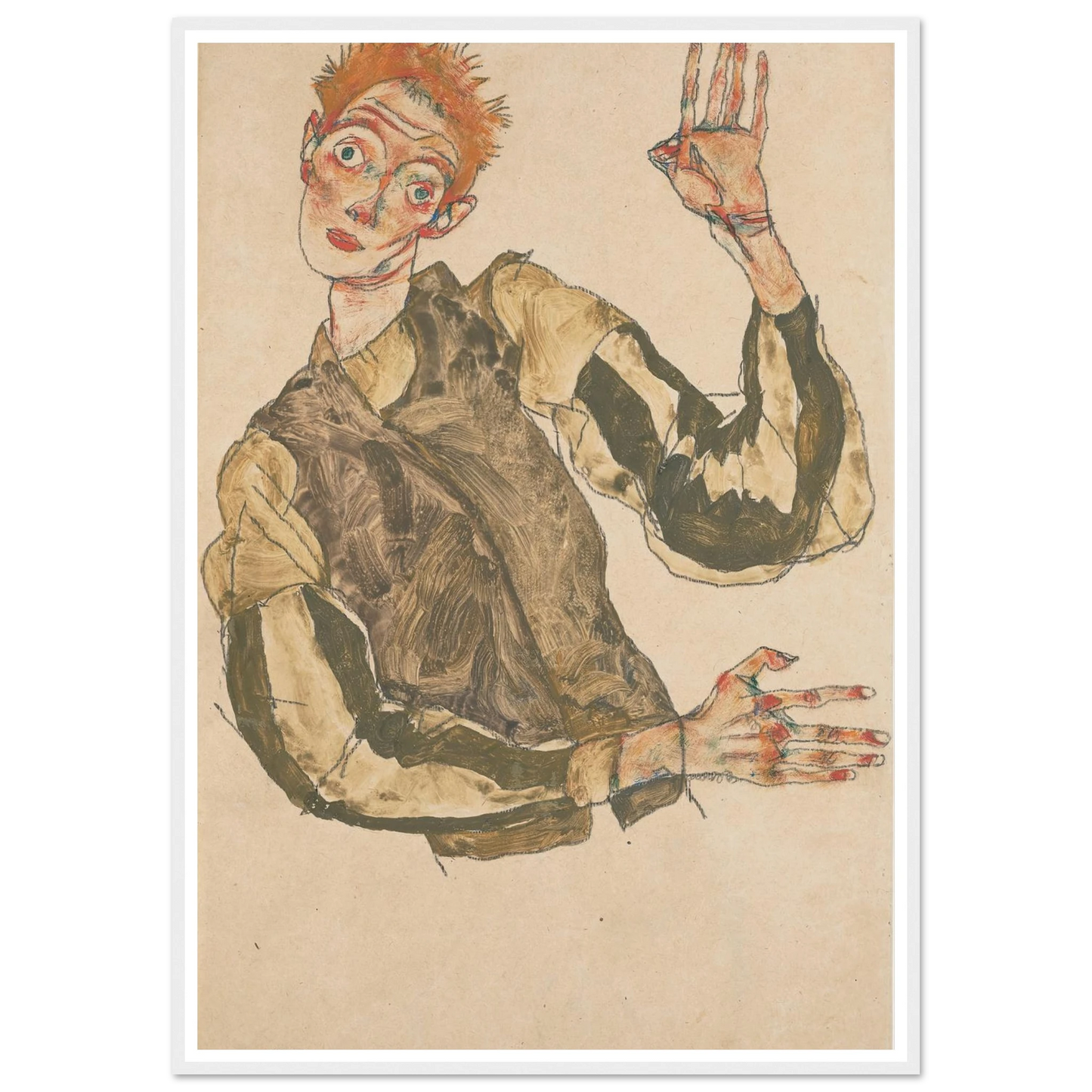 Self-Portrait with Striped Sleeves (1915) Art Print | Egon Schiele-Quipham Collections