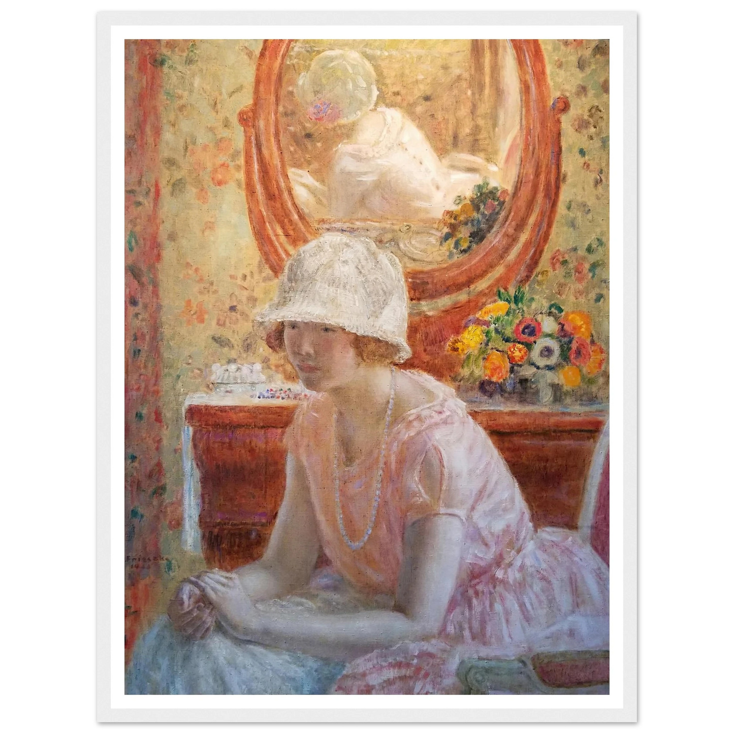 Young Girl Before a Mirror in a Pink Dress (1923) Art Print | Frederick Carl Frieseke-Quipham Collections
