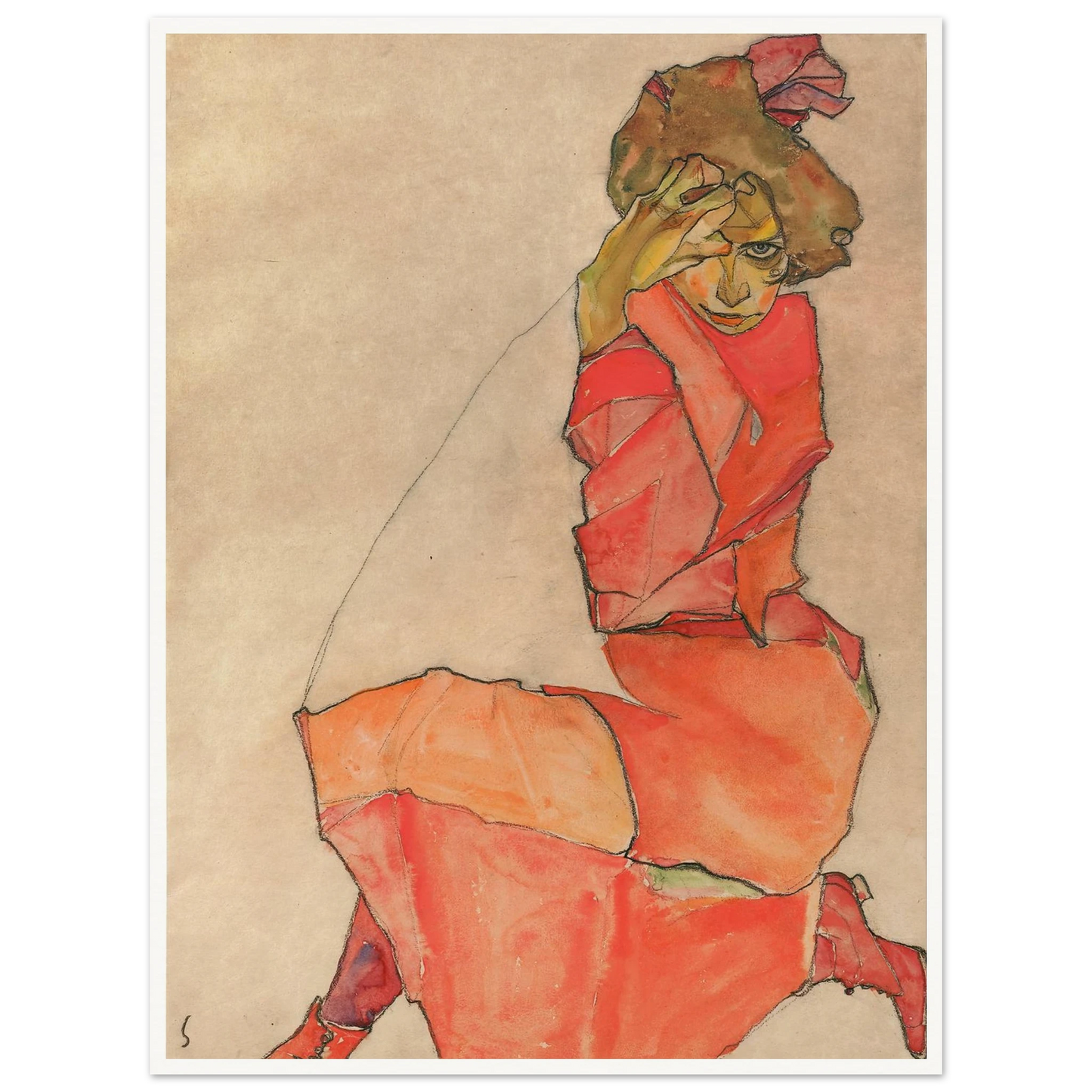 Kneeling Female in Orange-Red Dress (1910) Art Print | Egon Schiele-Quipham Collections