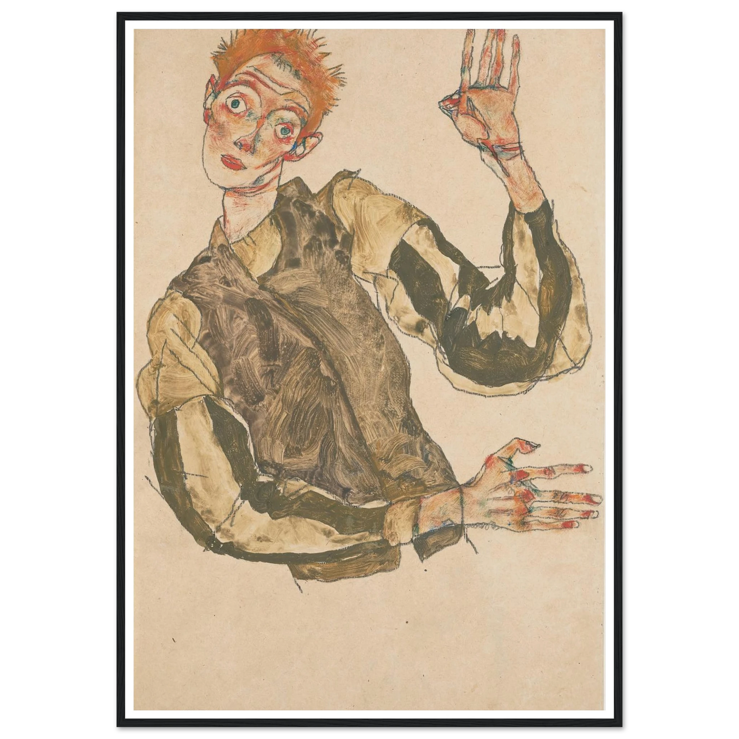Self-Portrait with Striped Sleeves (1915) Art Print | Egon Schiele-Quipham Collections
