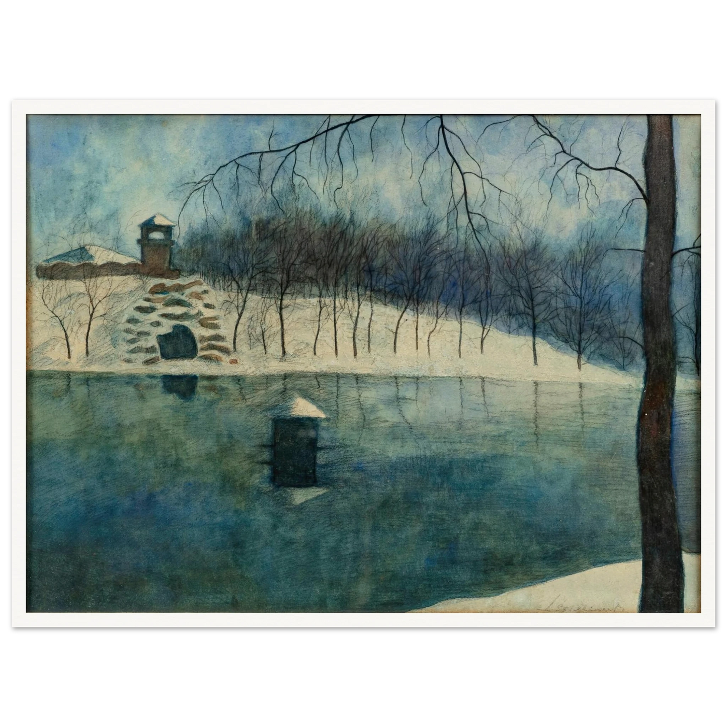 Le parc Léopold d’Ostende avec l’étang et le Trinkhall, sous la neige (1915) Art Print | Leon Spilliaert-Quipham Collections