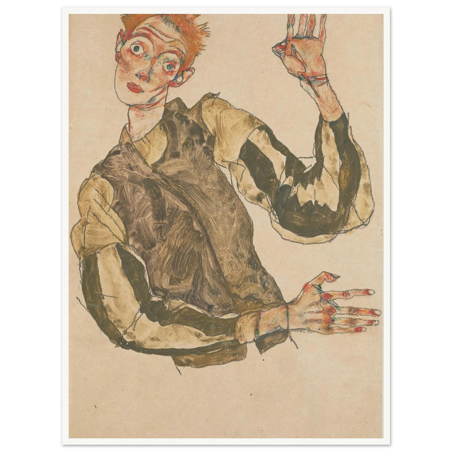 Self-Portrait with Striped Sleeves (1915) Art Print | Egon Schiele-Quipham Collections