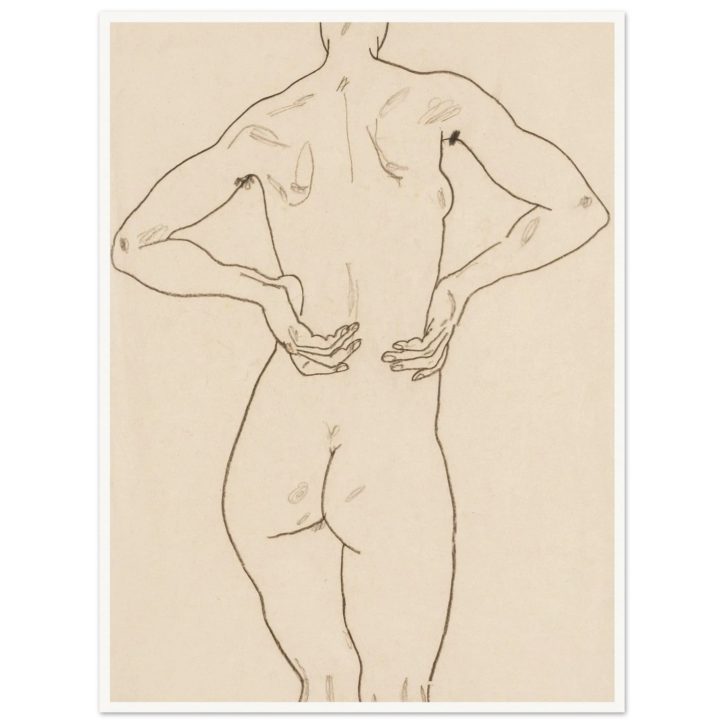Weiblicher Rückenakt, die Hände auf der Hüfte Art Print | Egon Schiele-Quipham Collections