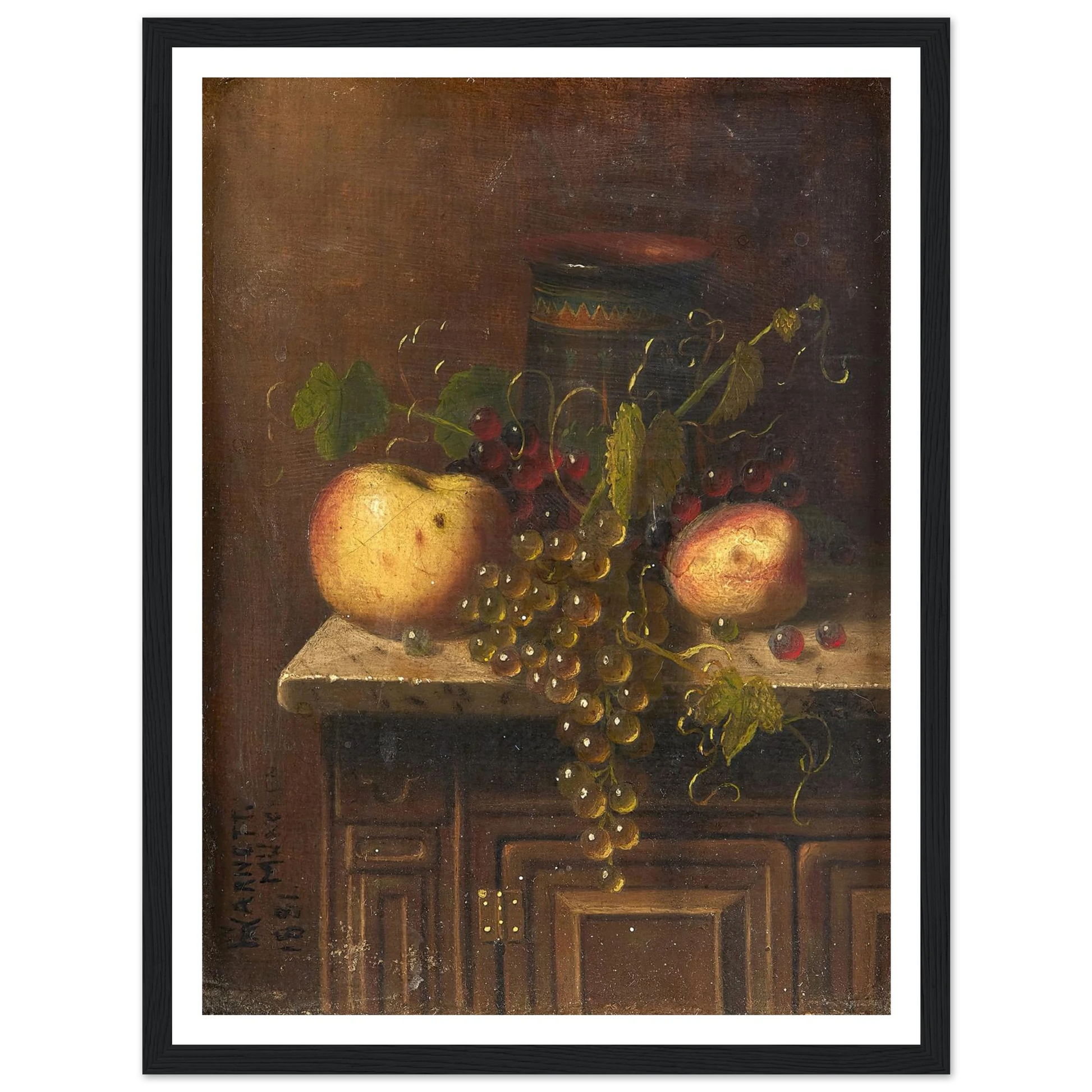 Still Life with Egyptian Vase, Apples and Grapes on a Marble Top Console (1881) Art Print | William Michael Harnett-Quipham Collections