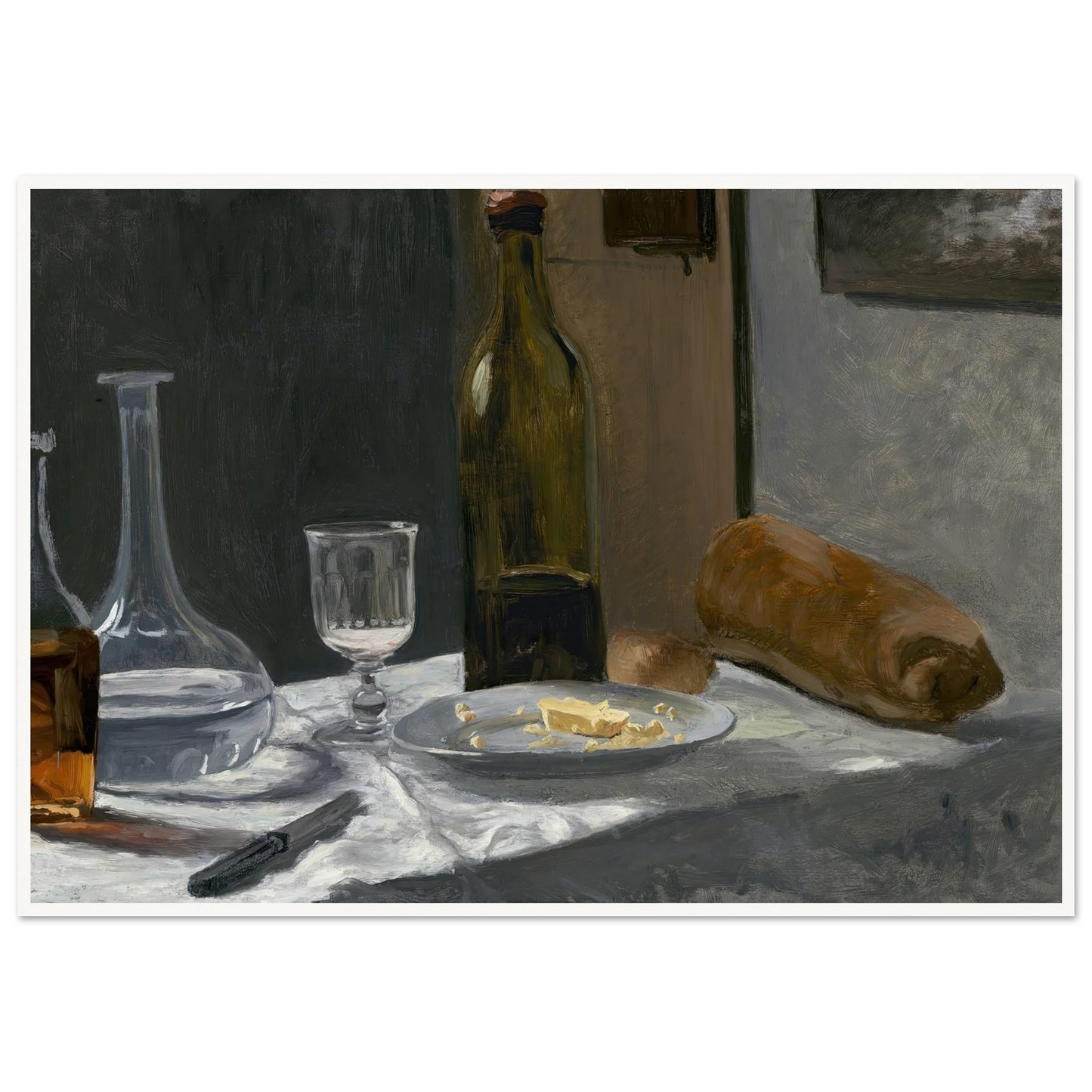 Still Life with Bottle,Carafe Bread and Wine (c. 1862-1863) Art Print | Claude Monet-Quipham Collections