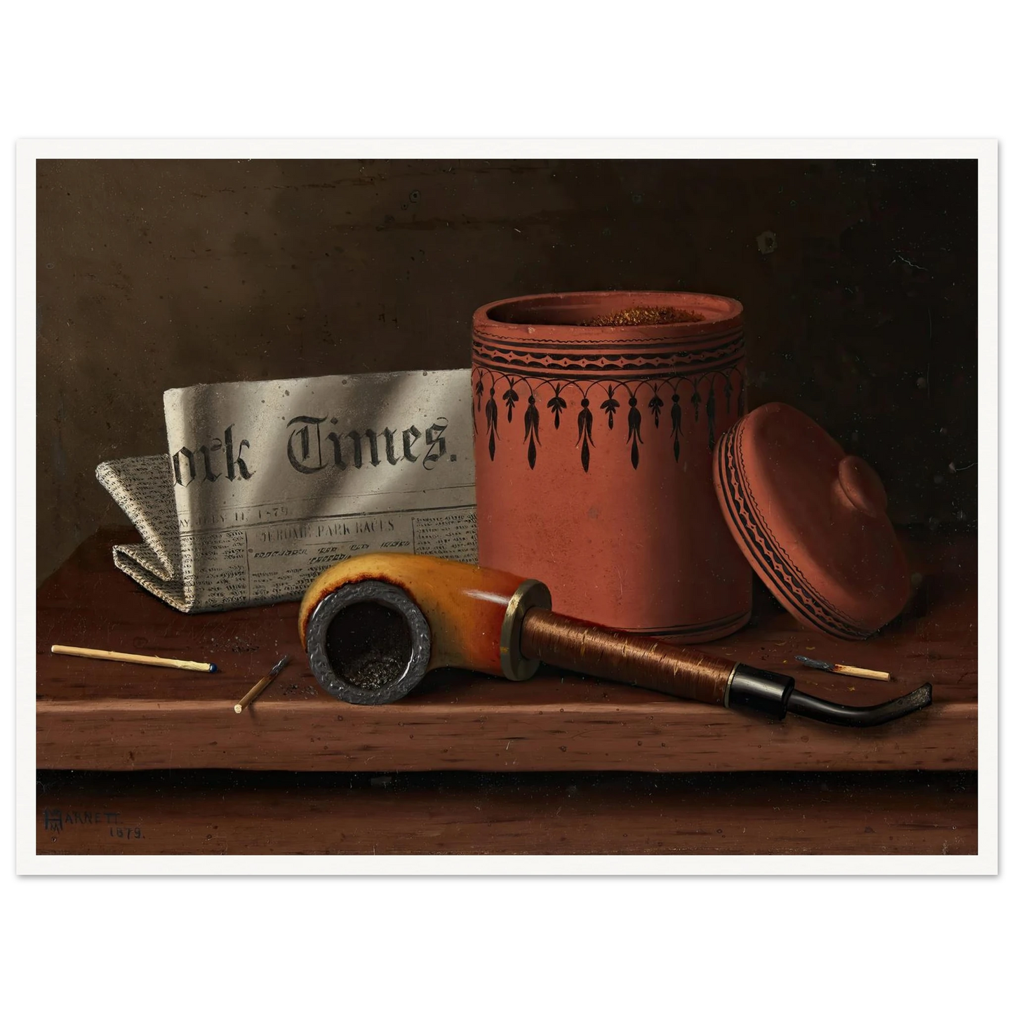 Still Life with New York Times, Tobacco Jar, Pipe and Matches (1879) Art Print | William Michael Harnett-Quipham Collections