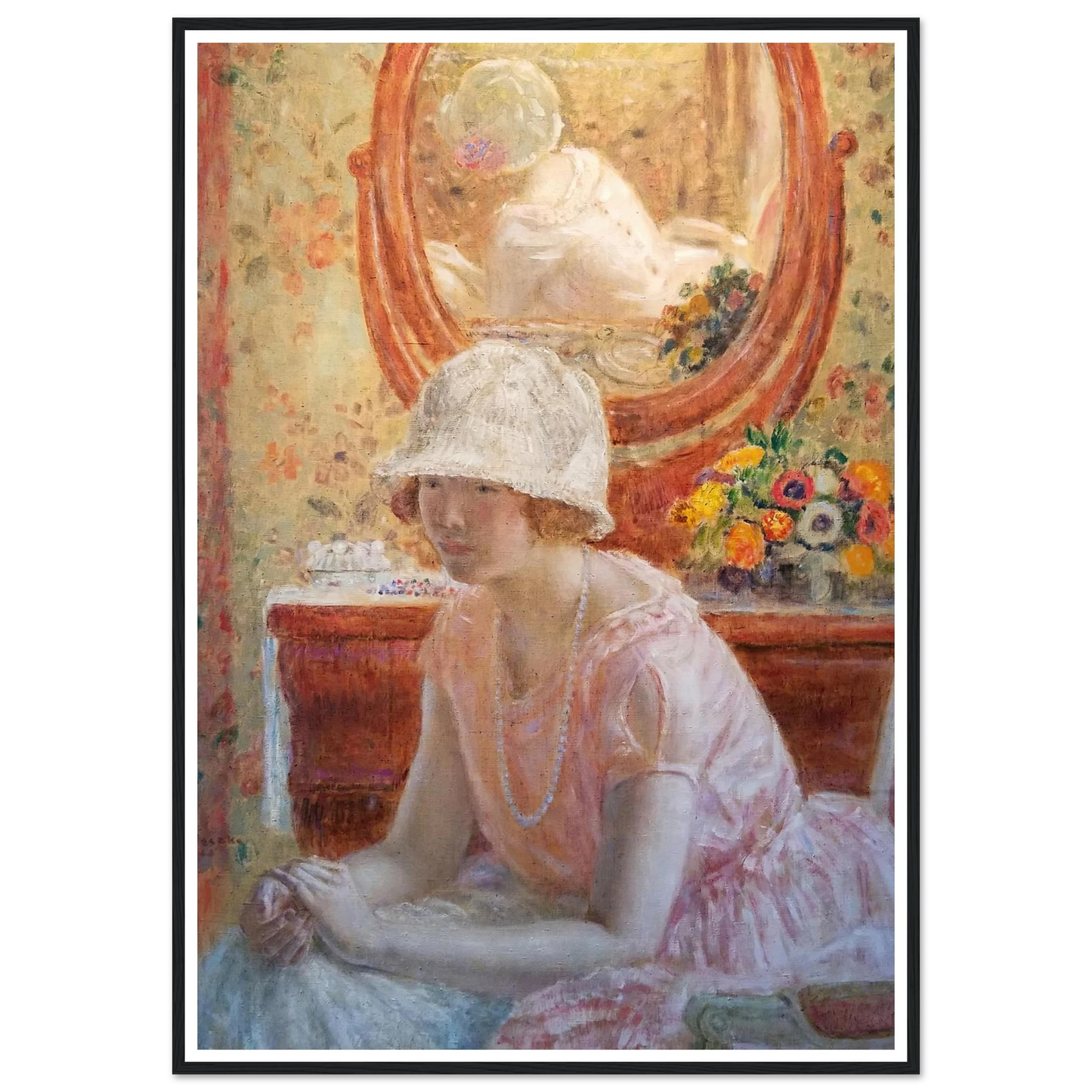 Young Girl Before a Mirror in a Pink Dress (1923) Art Print | Frederick Carl Frieseke-Quipham Collections