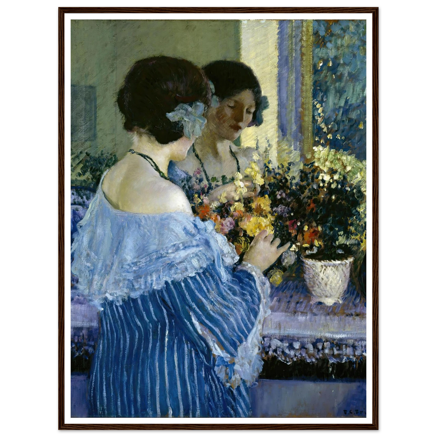 Girl in Blue Arranging Flowers (1915) Art Print | Frederick Carl Frieseke-Quipham Collections