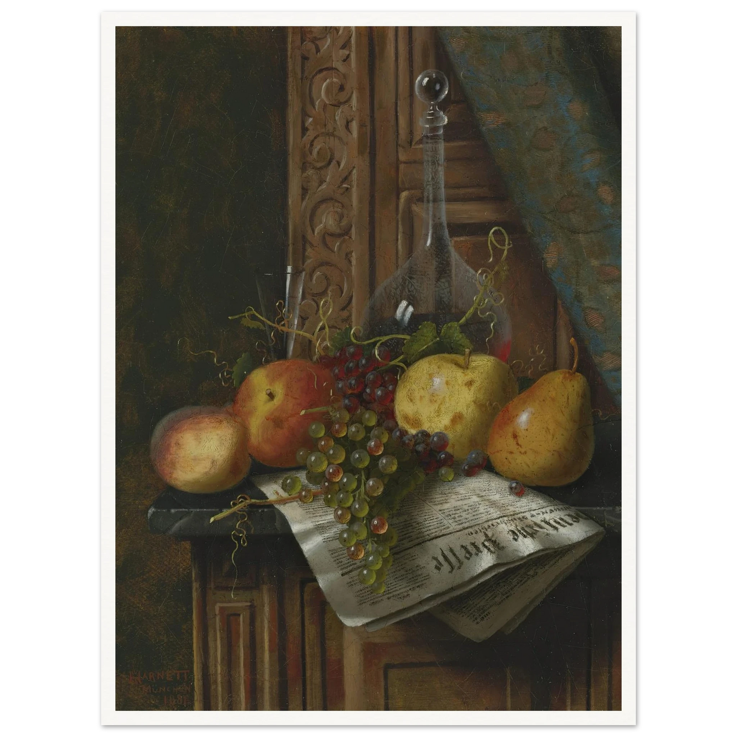 Still Life with Munich Newspaper, Fruit and Decanter (1881) Art Print | William Michael Harnett-Quipham Collections