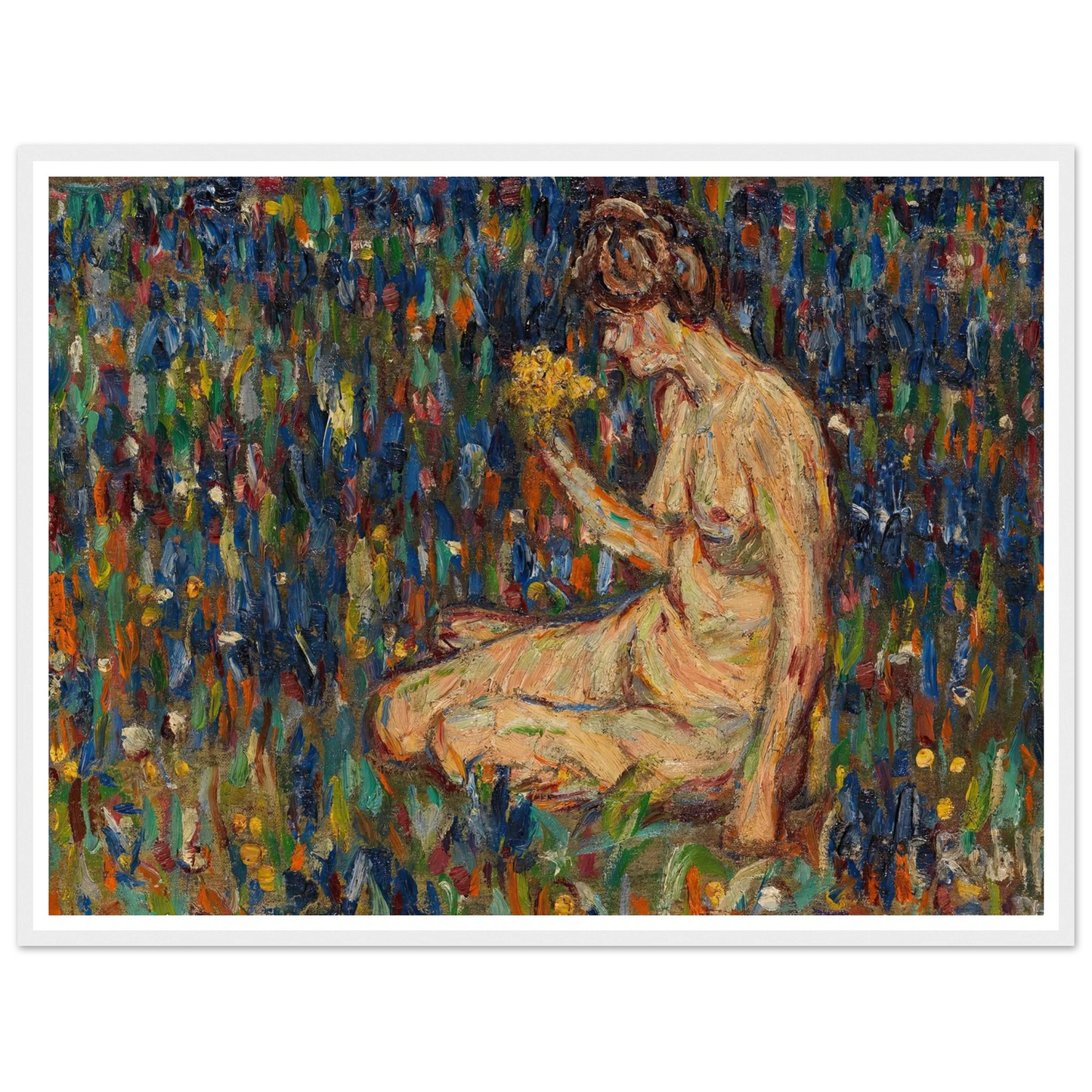 Frauenakt mit gelbem Blumenstrauß (Mädchen auf der Wiese) (1905) Art Print | Christian Rohlfs-Quipham Collections