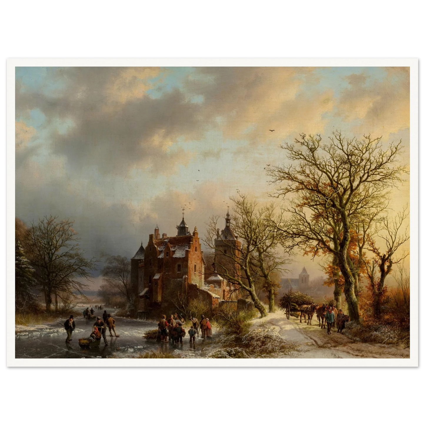 Winter landscape with wood gatherers and skaters (1854) Art Print | Barend Cornelis Koekkoek-Quipham Collections
