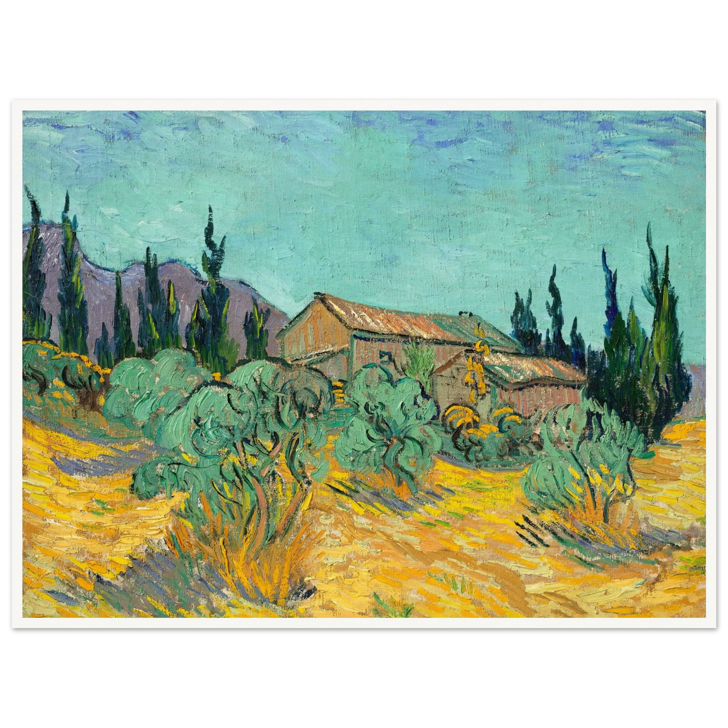 Cabanes de bois parmi les oliviers et cyprès (1889) Art Print | Vincent van Gogh-Quipham Collections