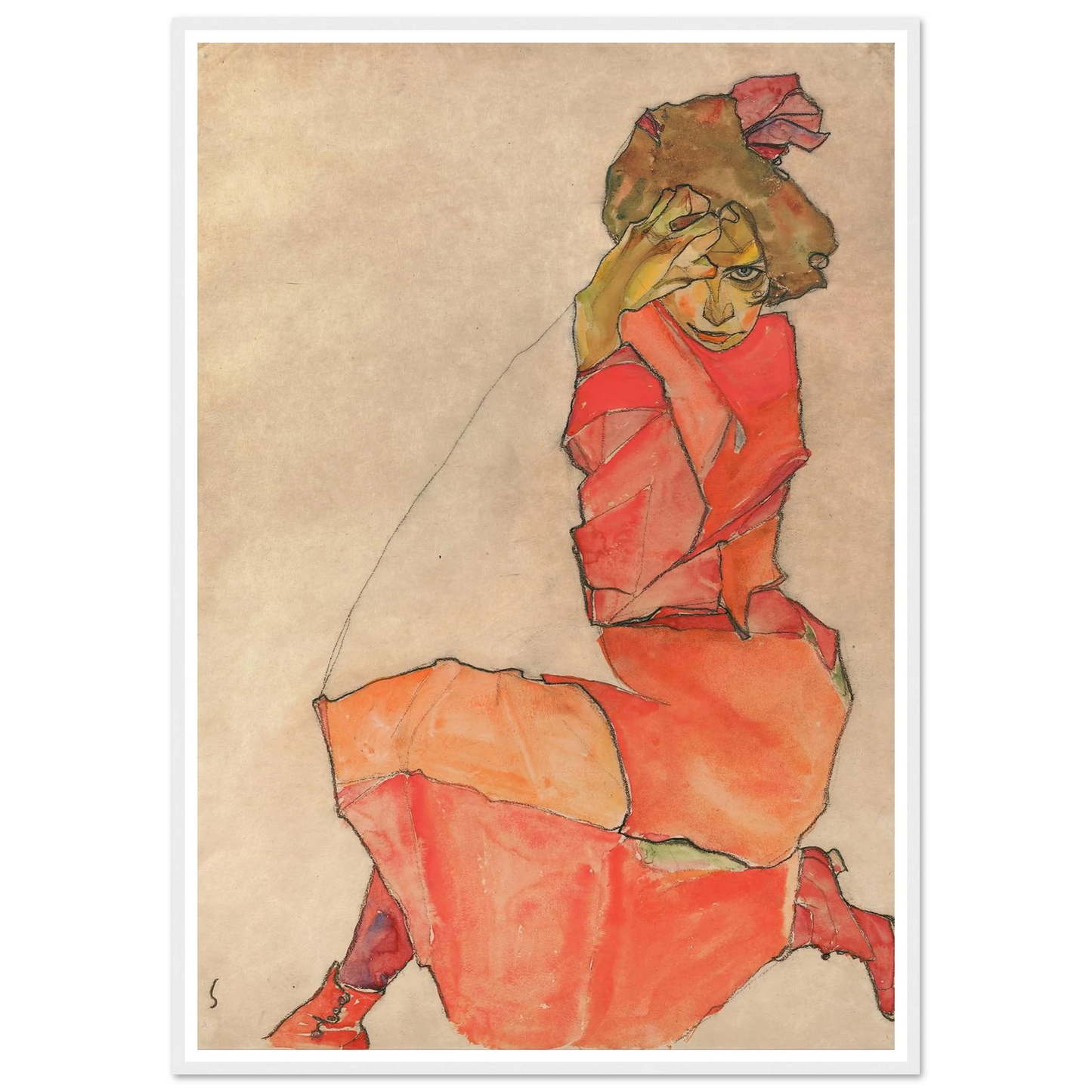 Kneeling Female in Orange-Red Dress (1910) Art Print | Egon Schiele-Quipham Collections