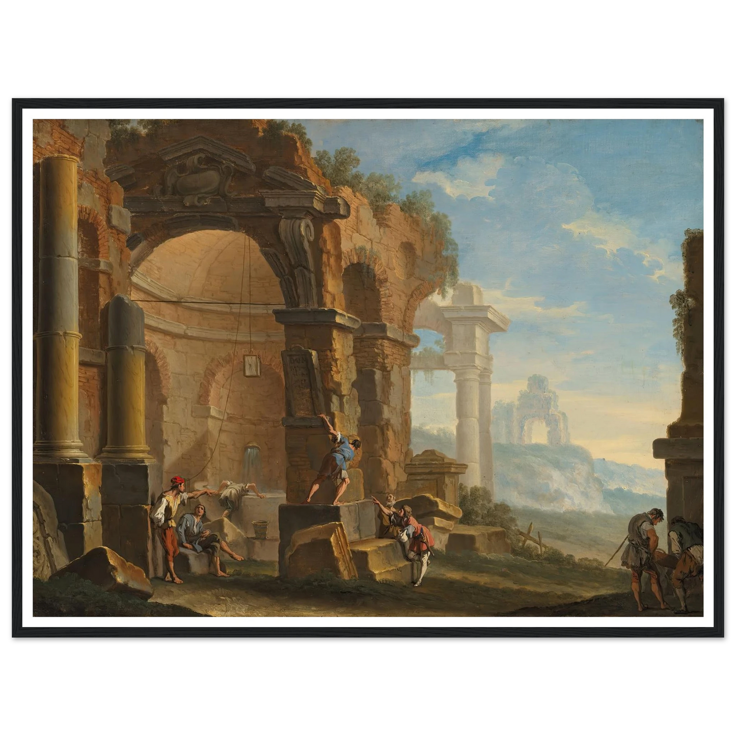 A capriccio with figures conversing by classical ruins Art Print | Sebastiano Ricci - Framed Poster - 30x40 cm / 12x16″ - Black frame