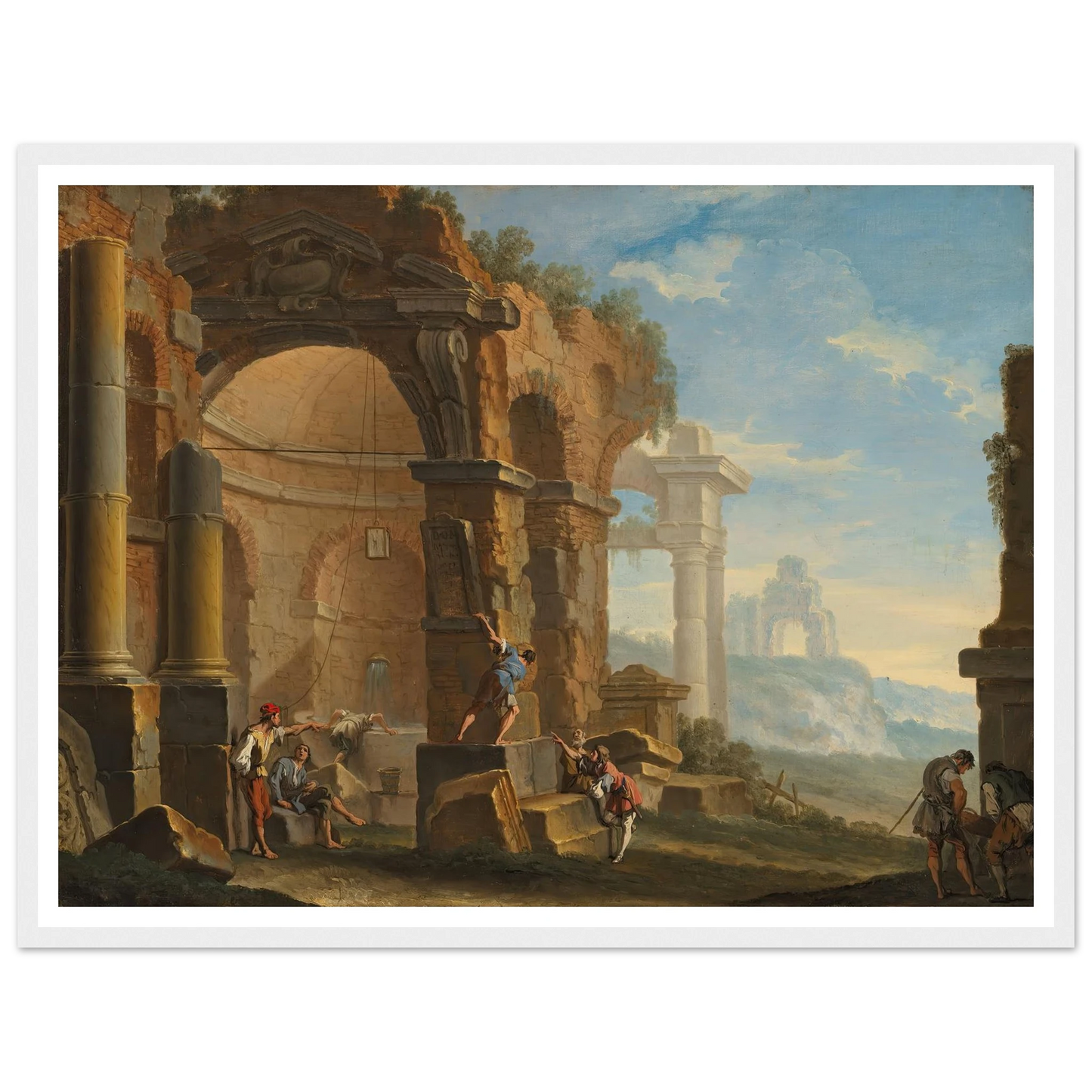 A capriccio with figures conversing by classical ruins Art Print | Sebastiano Ricci - Framed Poster - 30x40 cm / 12x16″ - Black frame