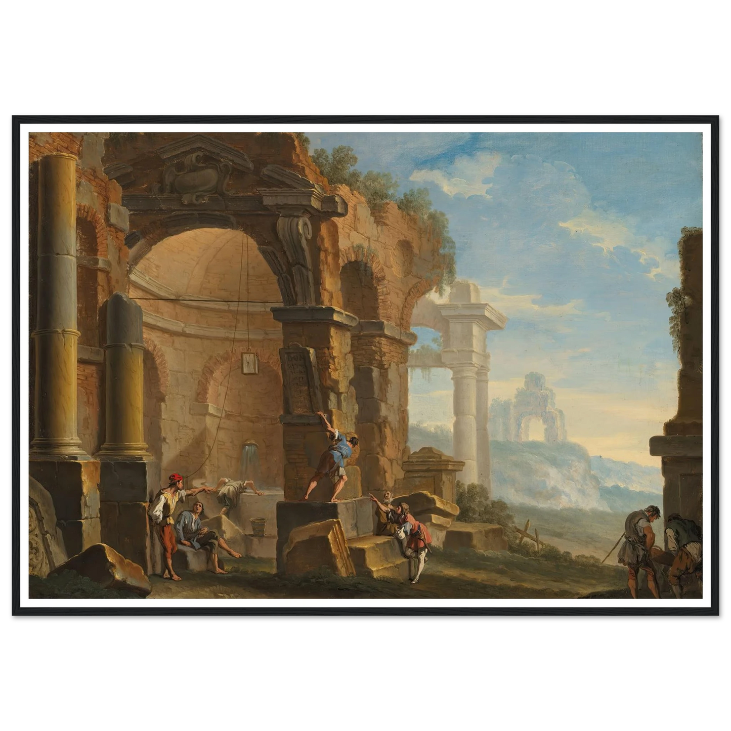 A capriccio with figures conversing by classical ruins Art Print | Sebastiano Ricci - Framed Poster - 30x40 cm / 12x16″ - Black frame