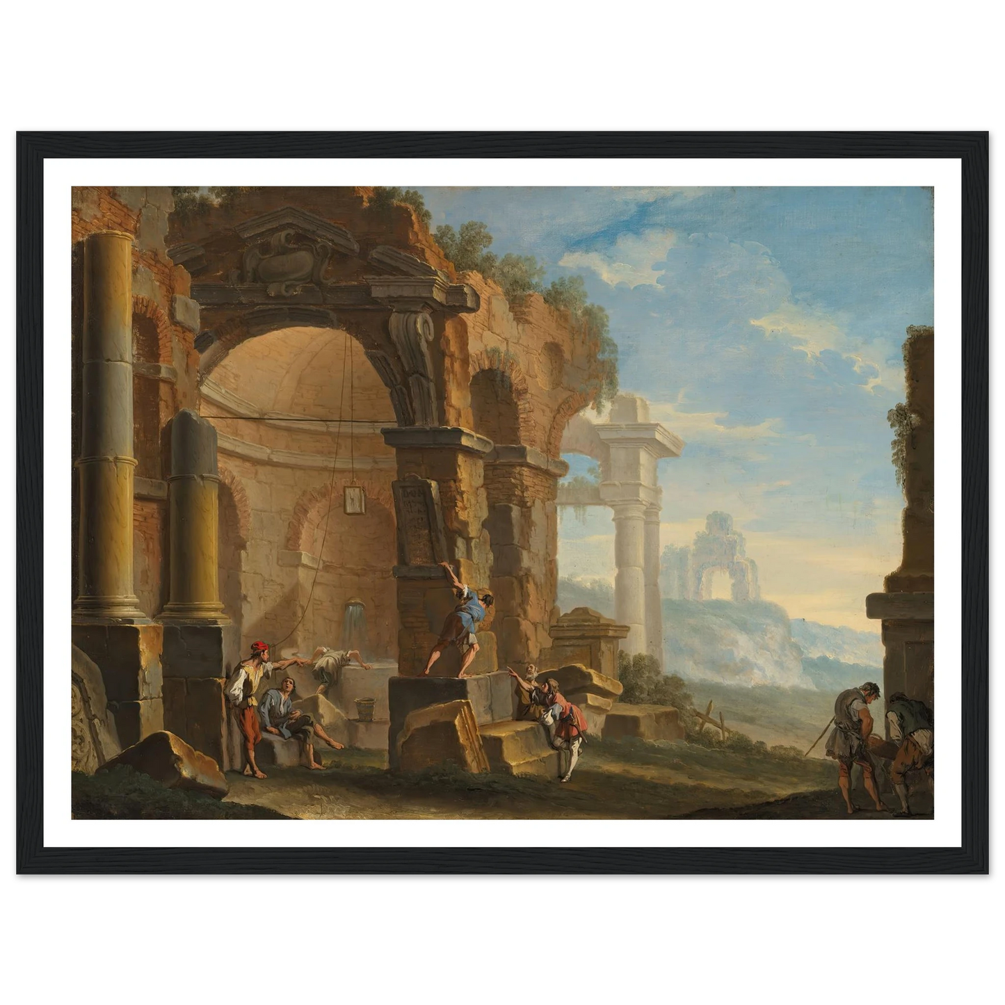 A capriccio with figures conversing by classical ruins Art Print | Sebastiano Ricci - Framed Poster - 30x40 cm / 12x16″ - Black frame