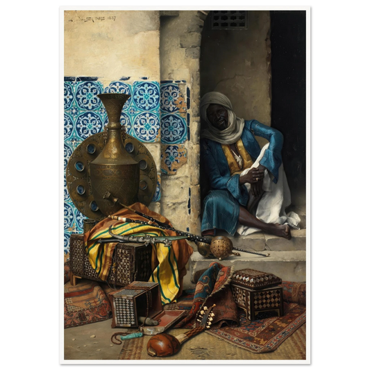 A Dealer in Artefacts (1887) Art Print | Ludwig Deutsch - Framed Poster - 30x40 cm / 12x16″ - Black frame