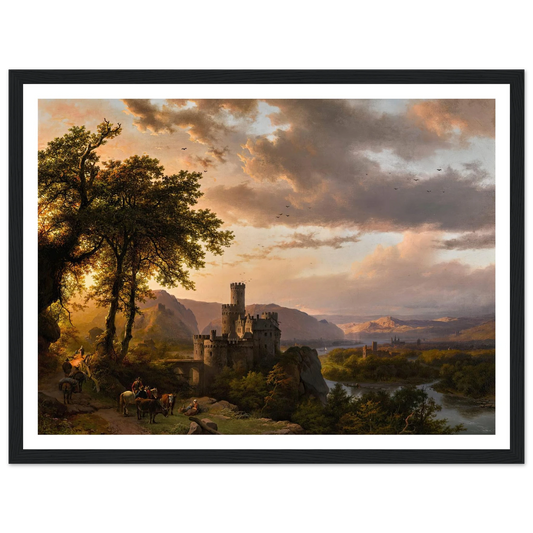 A hilly landscape with castle and travelers on a path (1855) Art Print | Barend Cornelis Koekkoek - Framed Poster - 30x40 cm / 12x16″ - Black frame