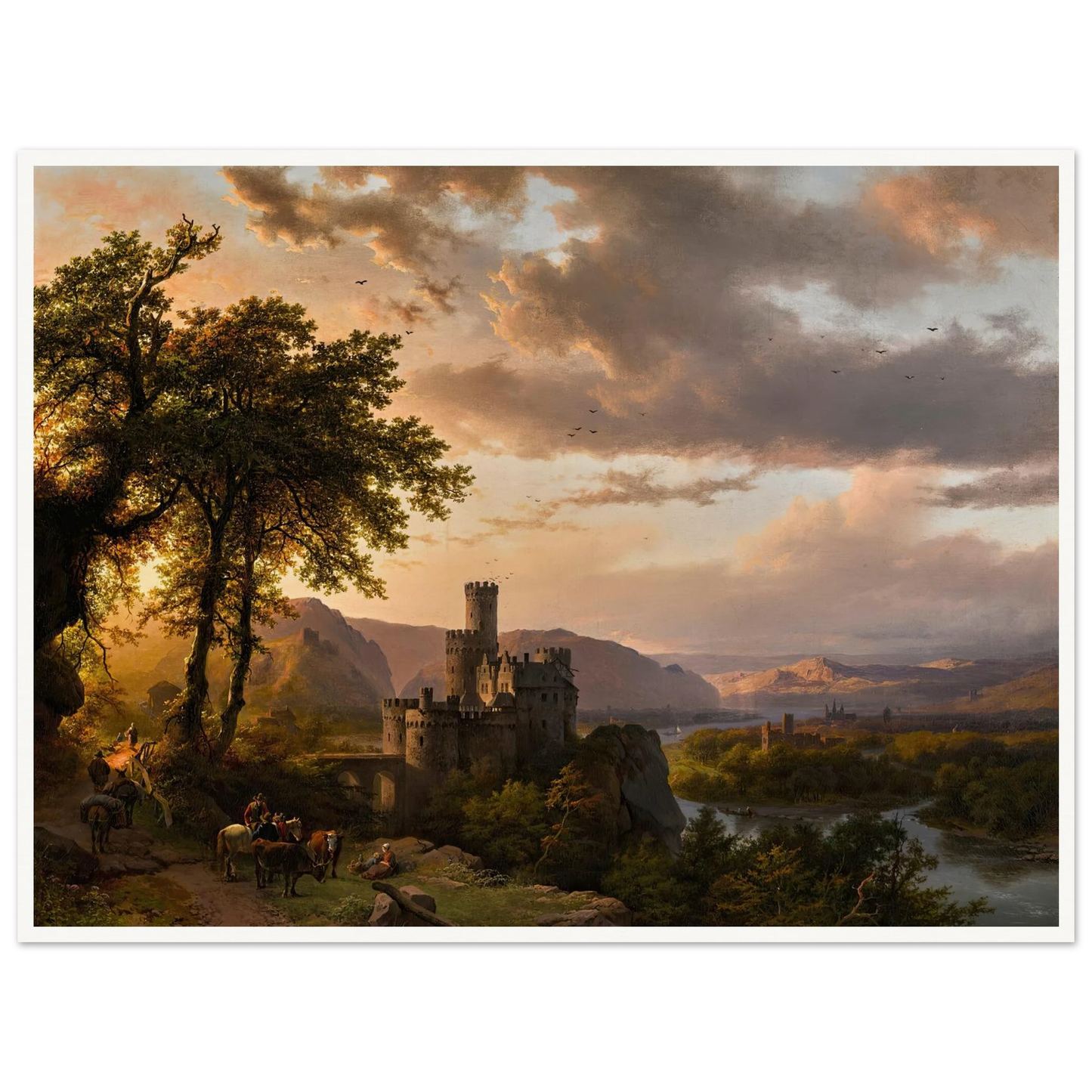 A hilly landscape with castle and travelers on a path (1855) Art Print | Barend Cornelis Koekkoek - Framed Poster - 30x40 cm / 12x16″ - Black frame