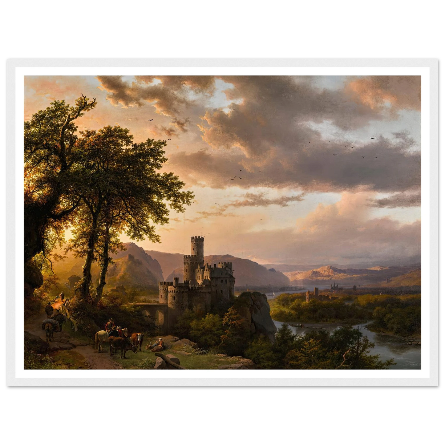 A hilly landscape with castle and travelers on a path (1855) Art Print | Barend Cornelis Koekkoek - Framed Poster - 30x40 cm / 12x16″ - Black frame