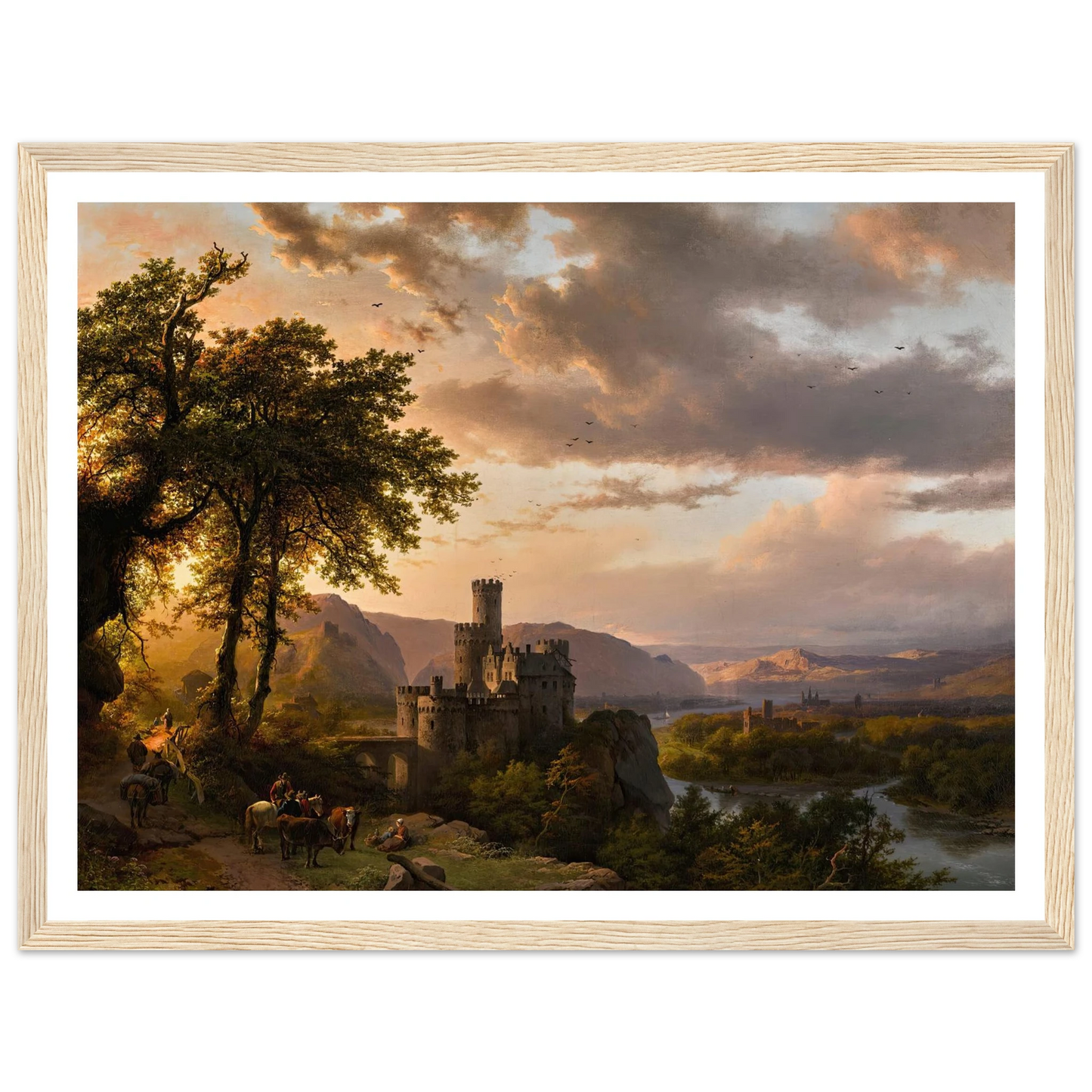 A hilly landscape with castle and travelers on a path (1855) Art Print | Barend Cornelis Koekkoek - Framed Poster - 30x40 cm / 12x16″ - Black frame