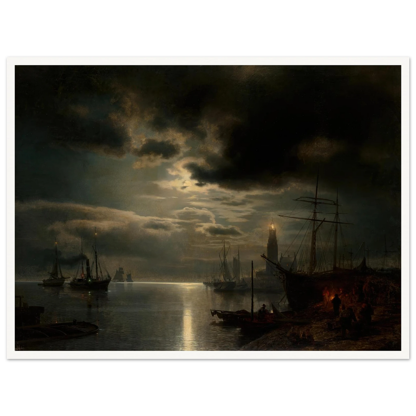 A Moonlit Harbor (1867) Art Print | Hermann Ottomar Herzog - Framed Poster - 30x40 cm / 12x16″ - Black frame