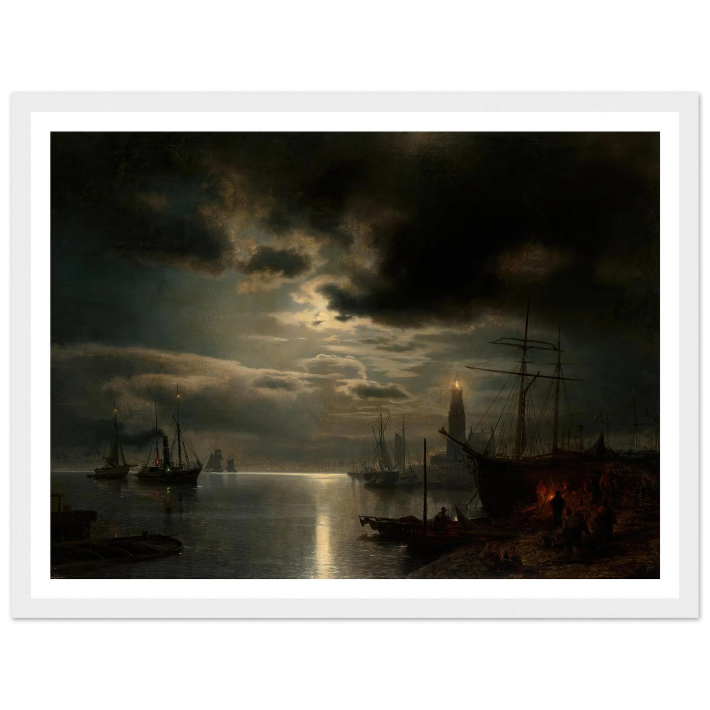 A Moonlit Harbor (1867) Art Print | Hermann Ottomar Herzog - Framed Poster - 30x40 cm / 12x16″ - Black frame