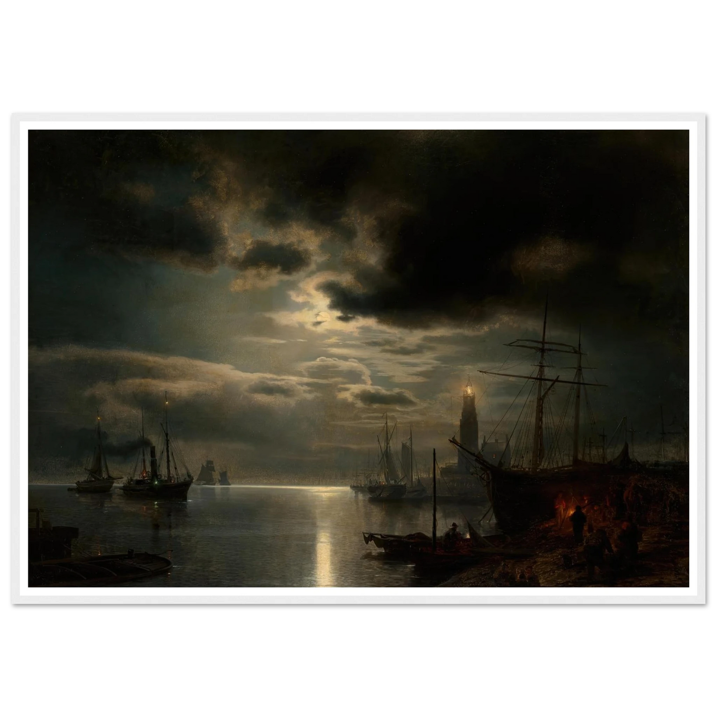 A Moonlit Harbor (1867) Art Print | Hermann Ottomar Herzog - Framed Poster - 30x40 cm / 12x16″ - Black frame