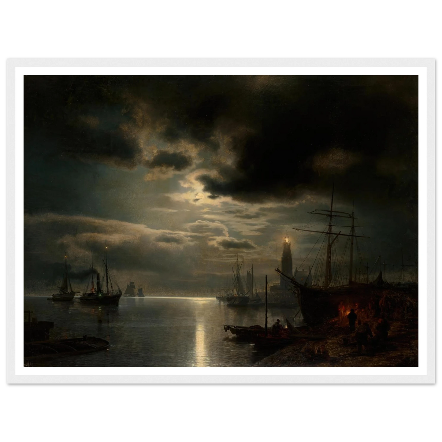 A Moonlit Harbor (1867) Art Print | Hermann Ottomar Herzog - Framed Poster - 30x40 cm / 12x16″ - Black frame
