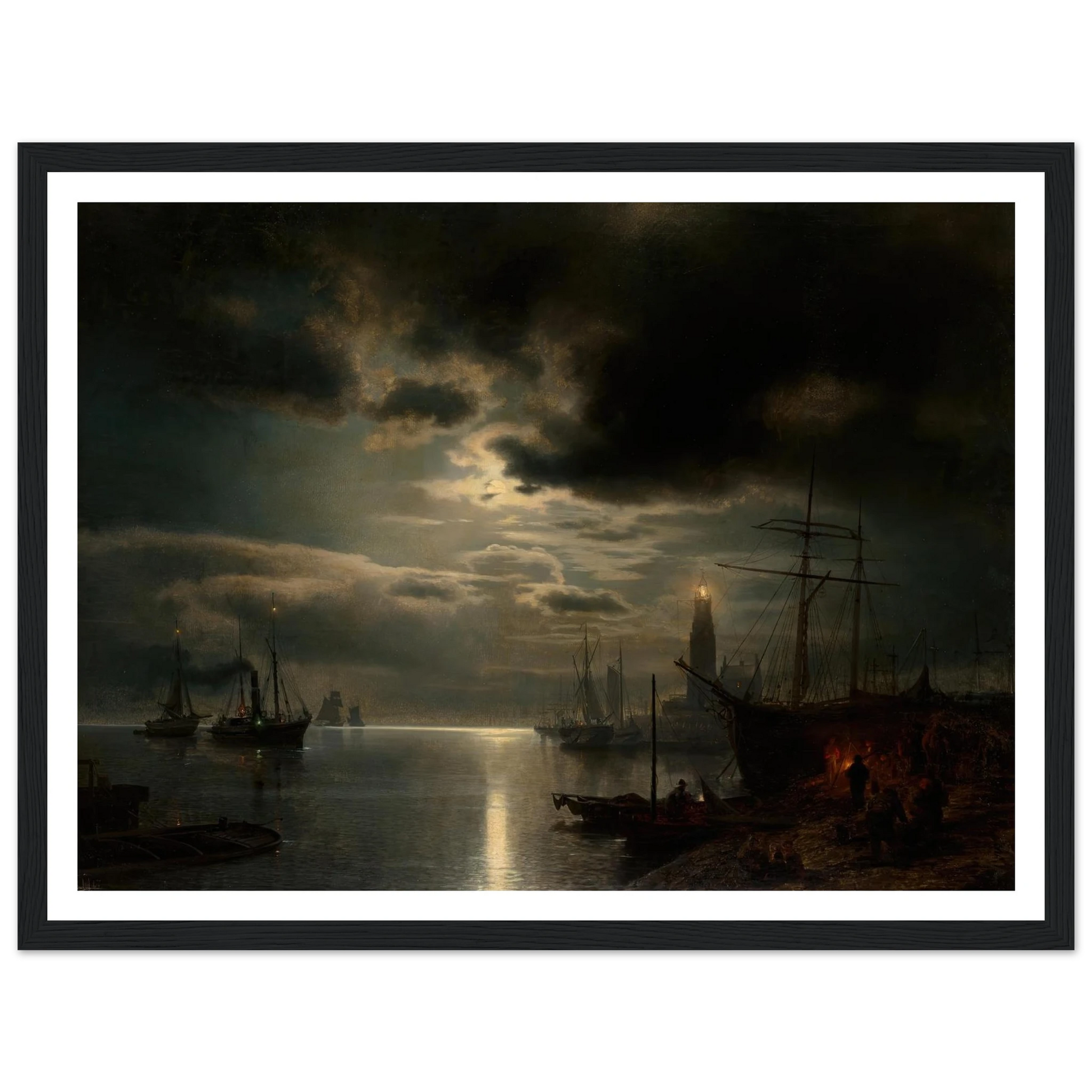 A Moonlit Harbor (1867) Art Print | Hermann Ottomar Herzog - Framed Poster - 30x40 cm / 12x16″ - Black frame