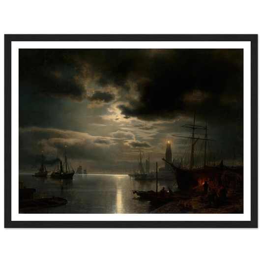 A Moonlit Harbor (1867) Art Print | Hermann Ottomar Herzog - Framed Poster - 30x40 cm / 12x16″ - Black frame