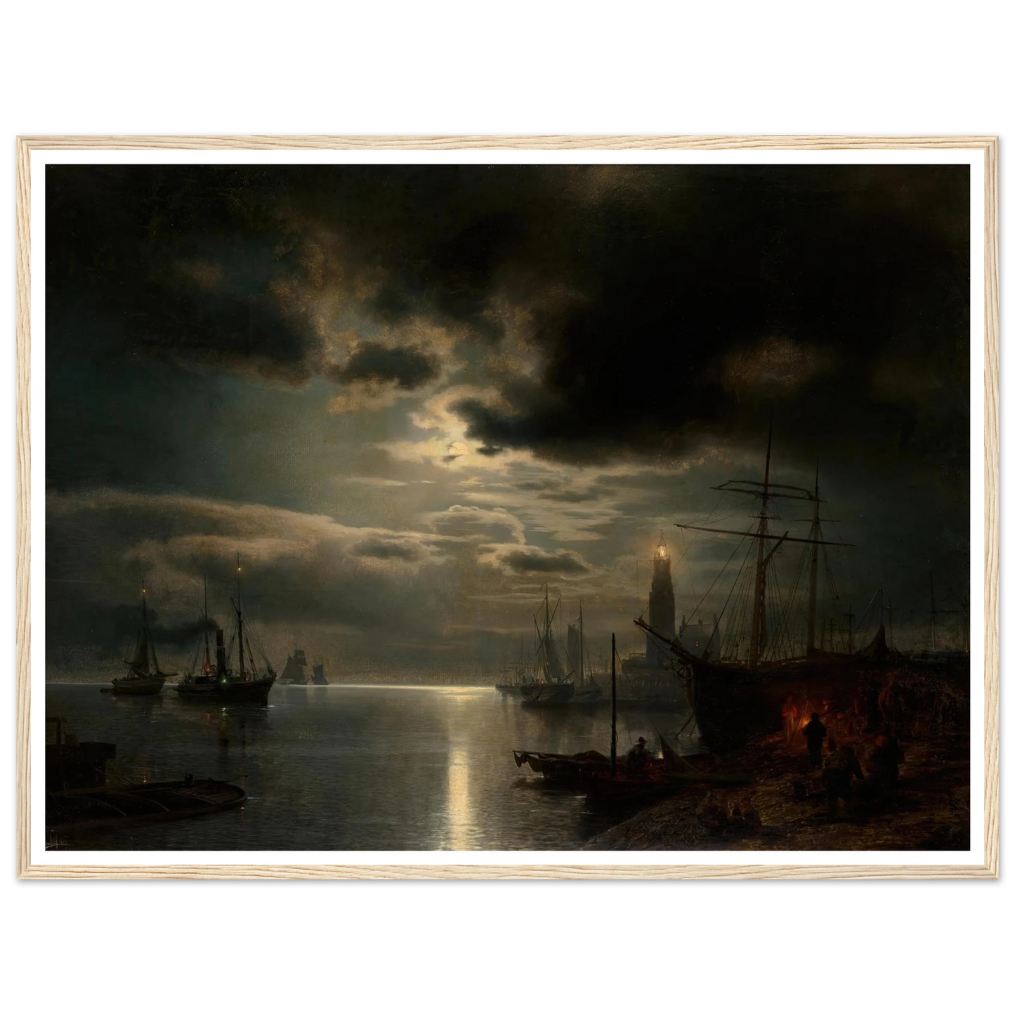 A Moonlit Harbor (1867) Art Print | Hermann Ottomar Herzog - Framed Poster - 30x40 cm / 12x16″ - Black frame