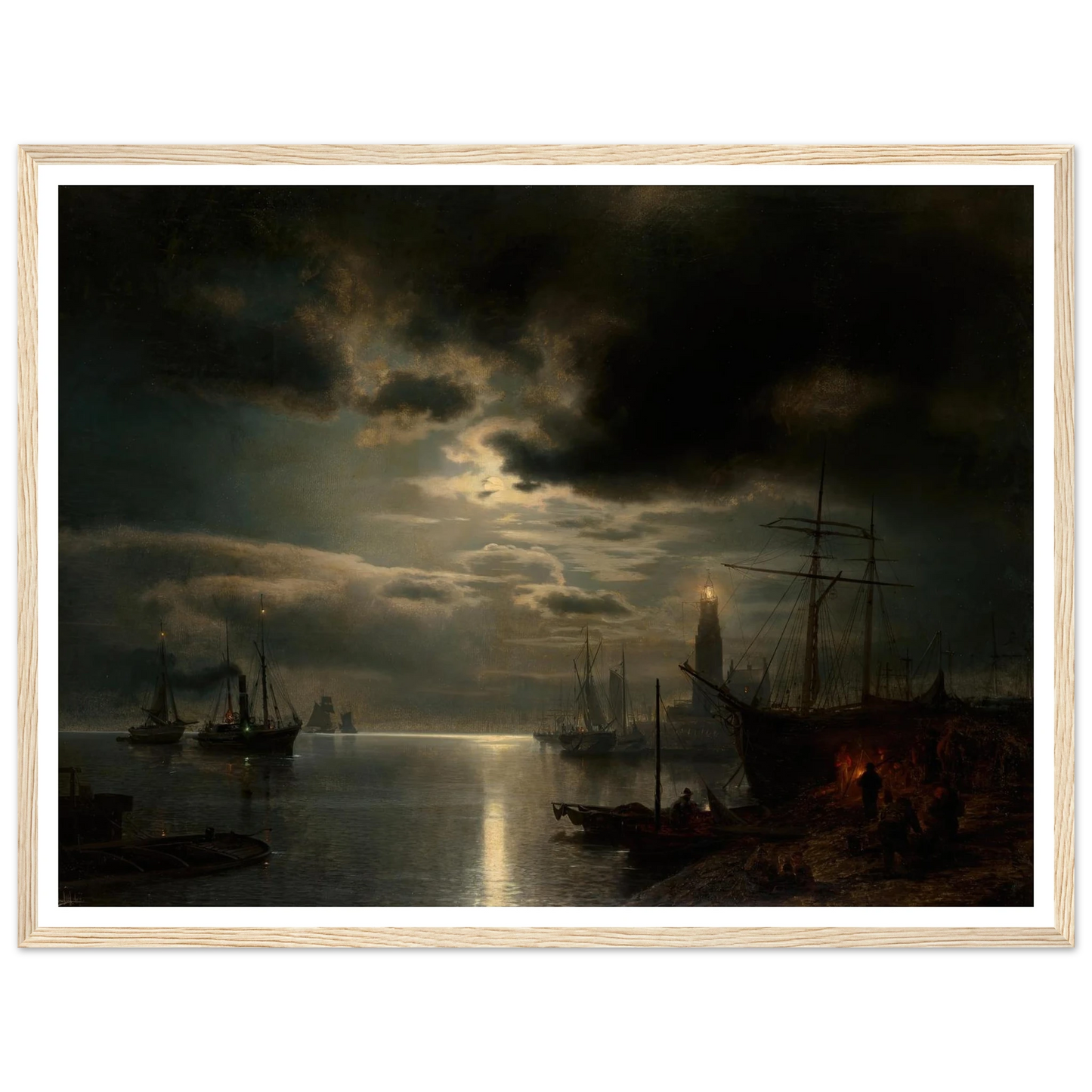 A Moonlit Harbor (1867) Art Print | Hermann Ottomar Herzog - Framed Poster - 30x40 cm / 12x16″ - Black frame