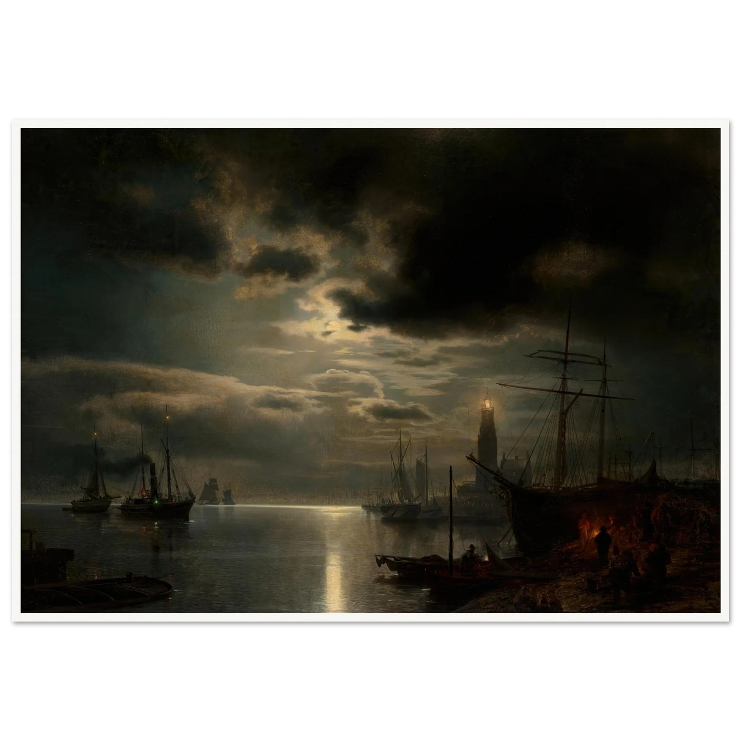 A Moonlit Harbor (1867) Art Print | Hermann Ottomar Herzog - Framed Poster - 30x40 cm / 12x16″ - Black frame