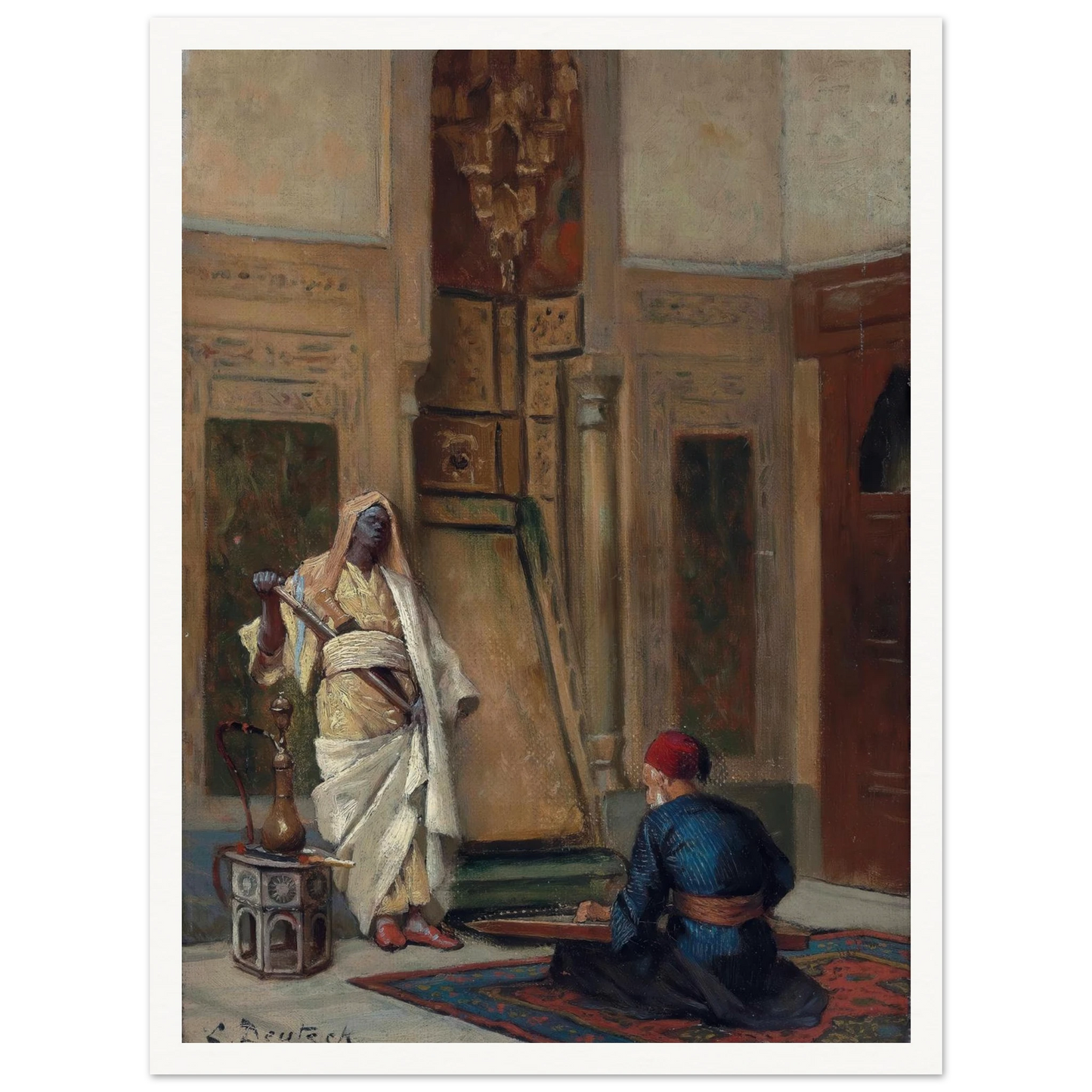 A musician and a guardsman in an oriental interior Art Print | Ludwig Deutsch - Framed Poster - 30x40 cm / 12x16″ - Black frame