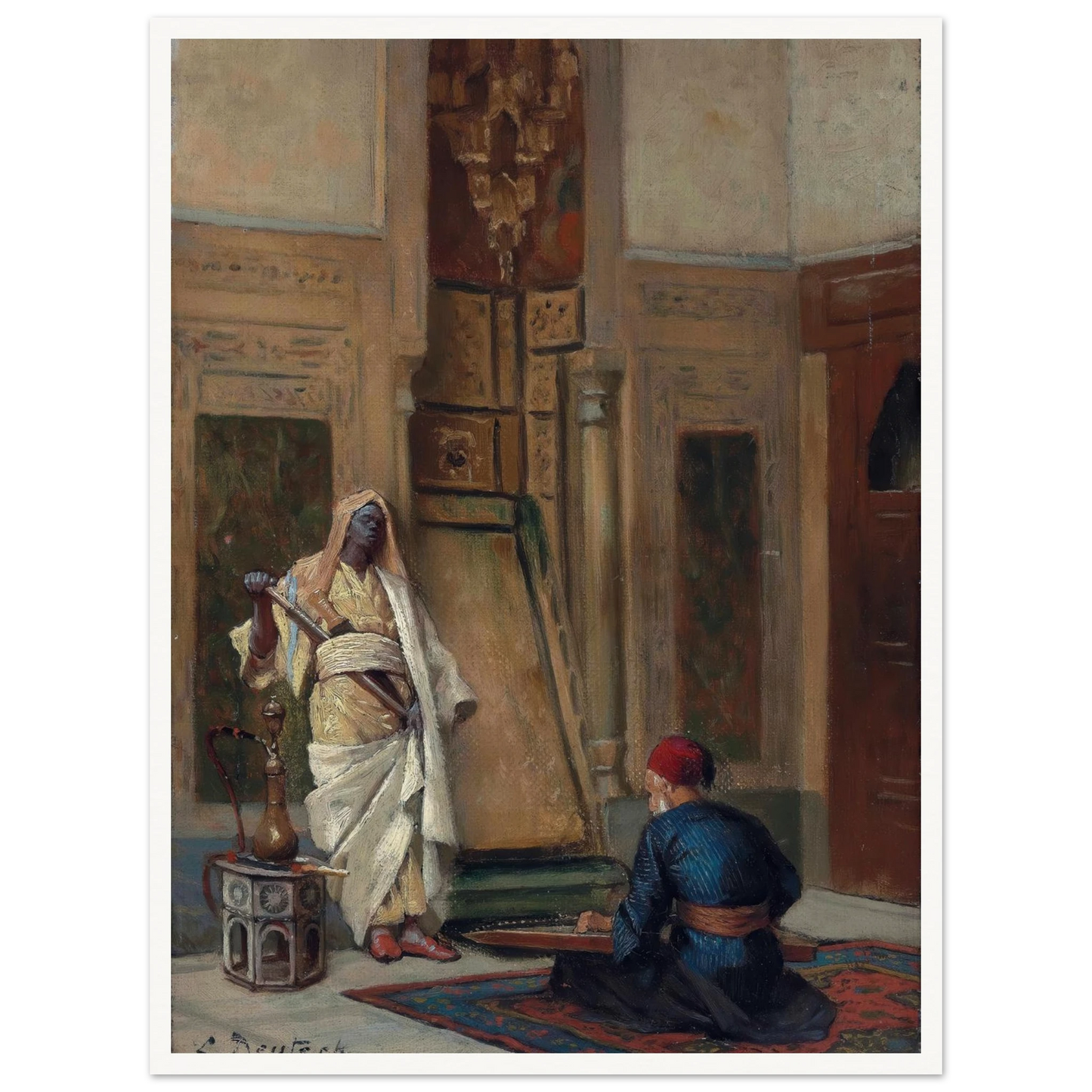A musician and a guardsman in an oriental interior Art Print | Ludwig Deutsch - Framed Poster - 30x40 cm / 12x16″ - Black frame